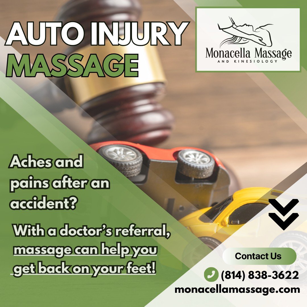 Don't Drive Yourself Crazy With Pain!🤕

At Monacella Massage &amp; Kinesiology, we'll work with your doctor's referral and insurance to get you back in working order after an accident! Ask your doctor today if massage could be the next step in your 