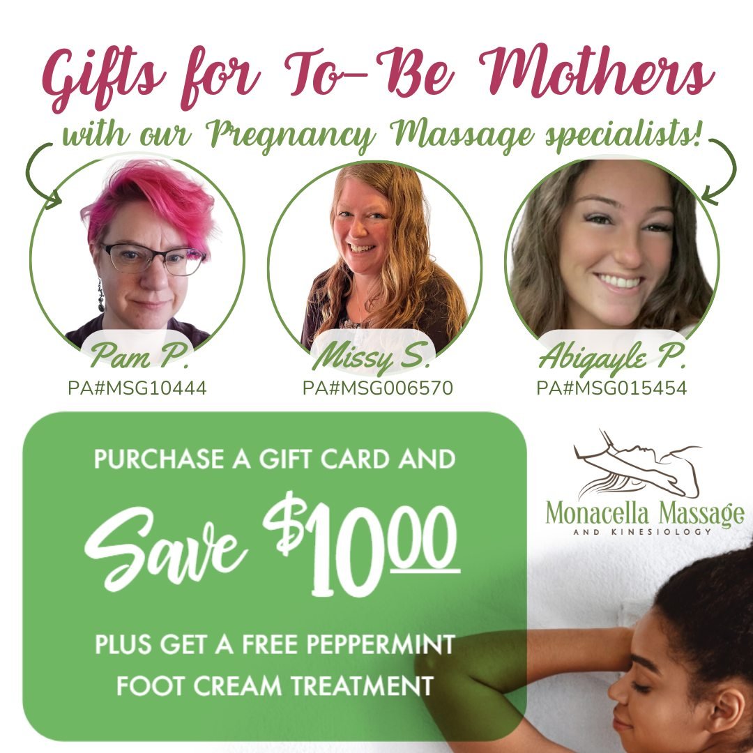 Don't forget the Mother's Day presents for our To-Be Moms!🤱🥰

We have SIX therapists on staff available for pregnancy massages, THREE specialized in pregnancy and postpartum sessions! Whether she's currently expecting, or a few months postpartum, m