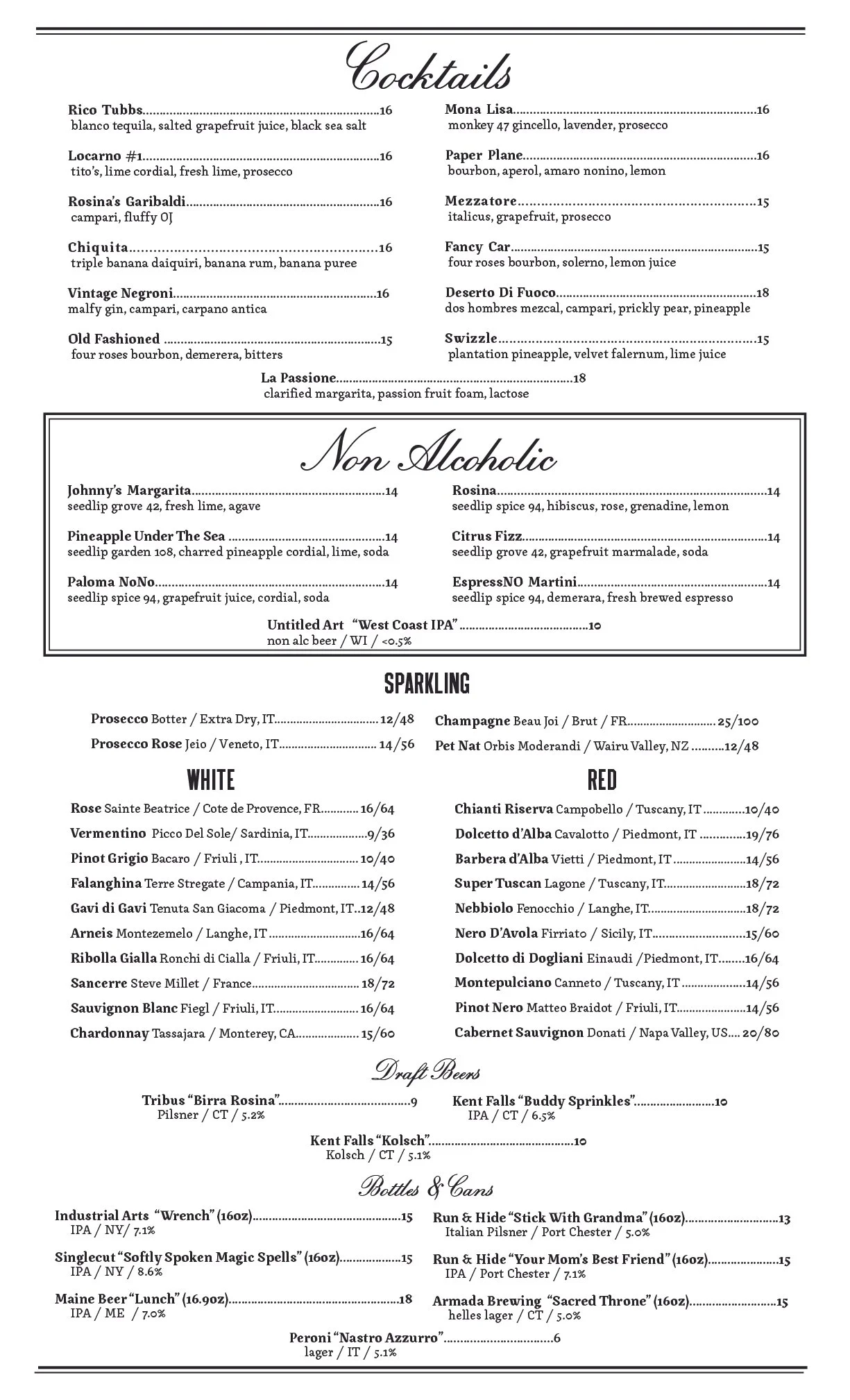 MENU — Bar Rosina's
