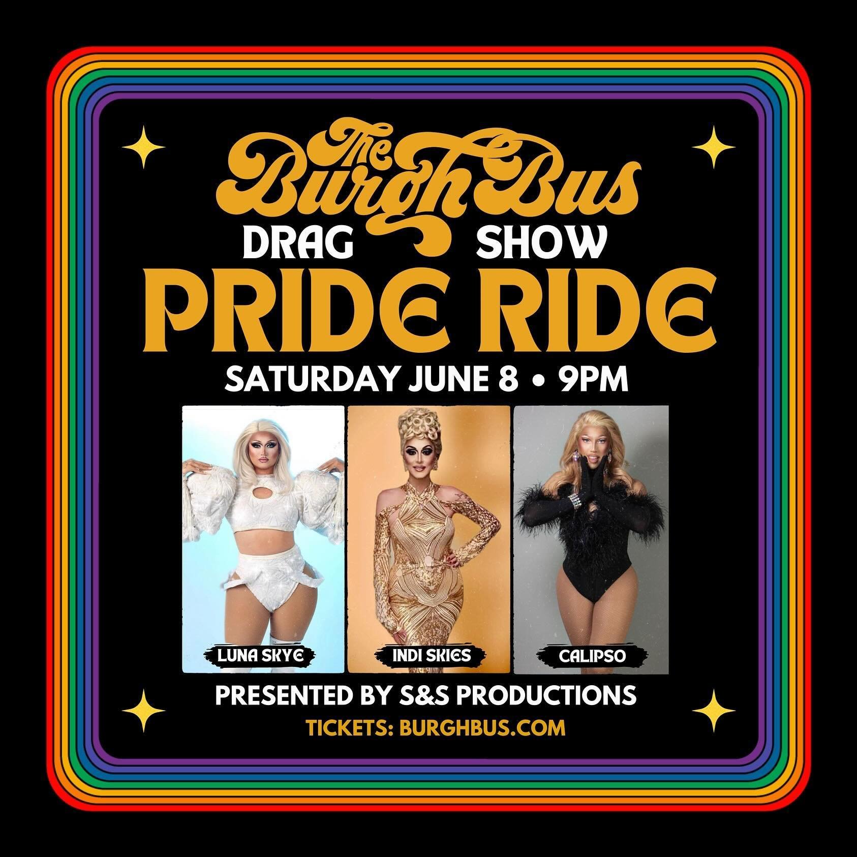Pittsburgh&rsquo;s ONE &amp; ONLY Drag Show on Wheels returns!!

Join us for another Drag Show on the bus&hellip; Pride Ride edition🏳️&zwj;🌈🚌🏳️&zwj;⚧️

This R-rated Pride Ride is presented by S&amp;S Productions and will feature drag performances