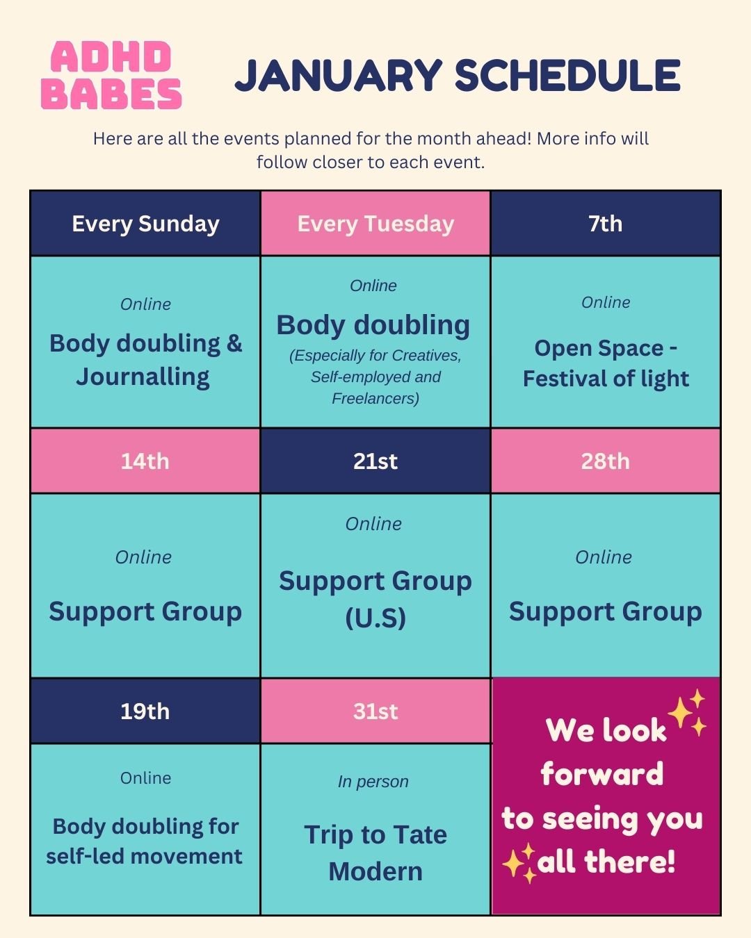Our January schedule! Theres still plenty left to get involved in this month 💫 

#adultadhd #neurodiversity #adhdawareness #blackwomen #blackmindsmatter #blacknonbinary #blackwomenwithadhd #adhdsupportgroup #blacknonbinarywithadhd