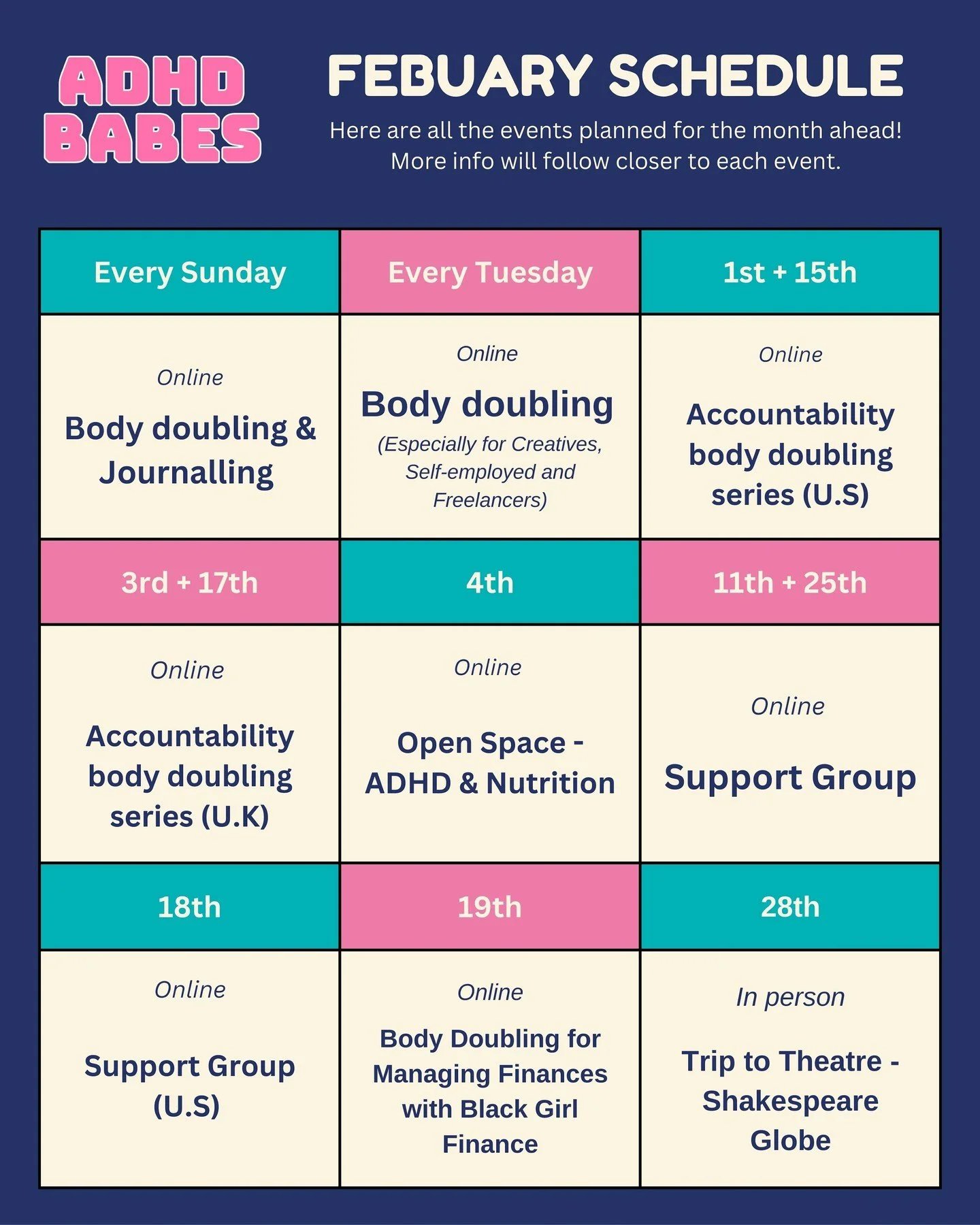 Our Febuary schedule! Theres still plenty left to get involved in this month 💫

#adultadhd #neurodiversity #adhdawareness #blackwomen #blackmindsmatter #blacknonbinary #blackwomenwithadhd #adhdsupportgroup #blacknonbinarywithadhd