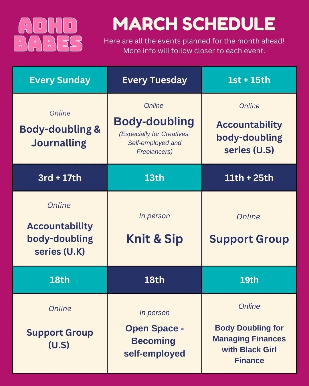 Our March schedule! Lots to get involved in this month 💫

#adultadhd #neurodiversity #adhdawareness #blackwomen #blackmindsmatter #blacknonbinary #blackwomenwithadhd #adhdsupportgroup #blacknonbinarywithadhd