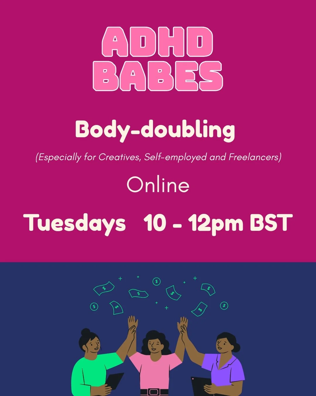 Join us on Tuesday mornings for our weekly Body doubling and journaling sessions which is especially aimed at creatives, freelancers and aspiring business babes 💖

Open to Black women and Black non-binary people. A clinical diagnosis is not required