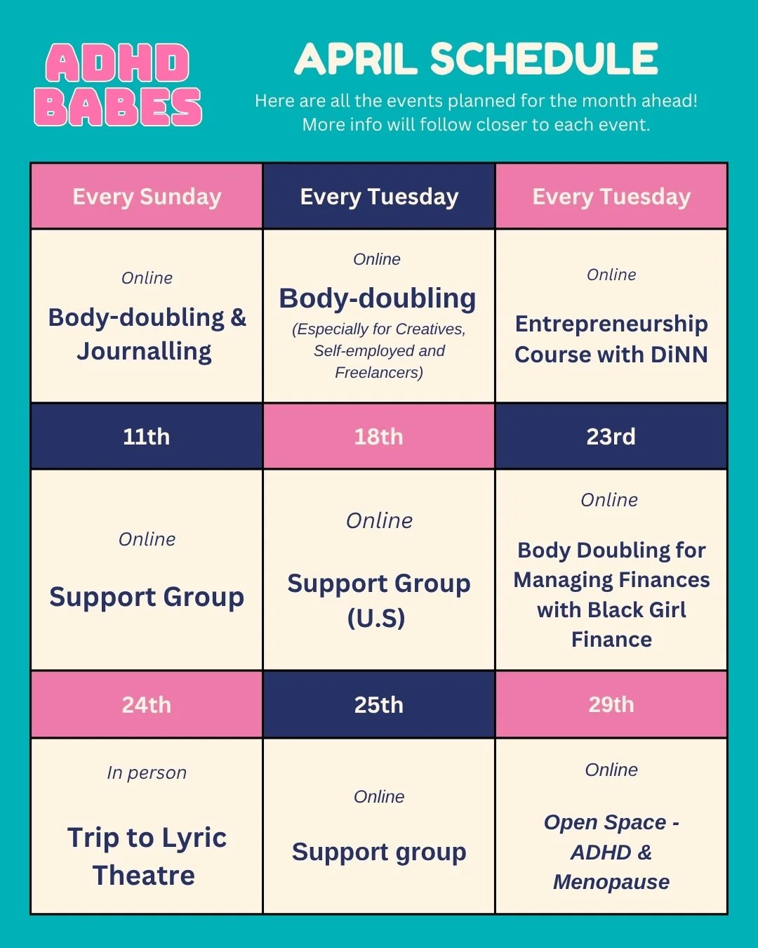 Our April schedule! As always ;ots to get involved in this month 💫

#adultadhd #neurodiversity #adhdawareness #blackwomen #blackmindsmatter #blacknonbinary #blackwomenwithadhd #adhdsupportgroup #blacknonbinarywithadhd