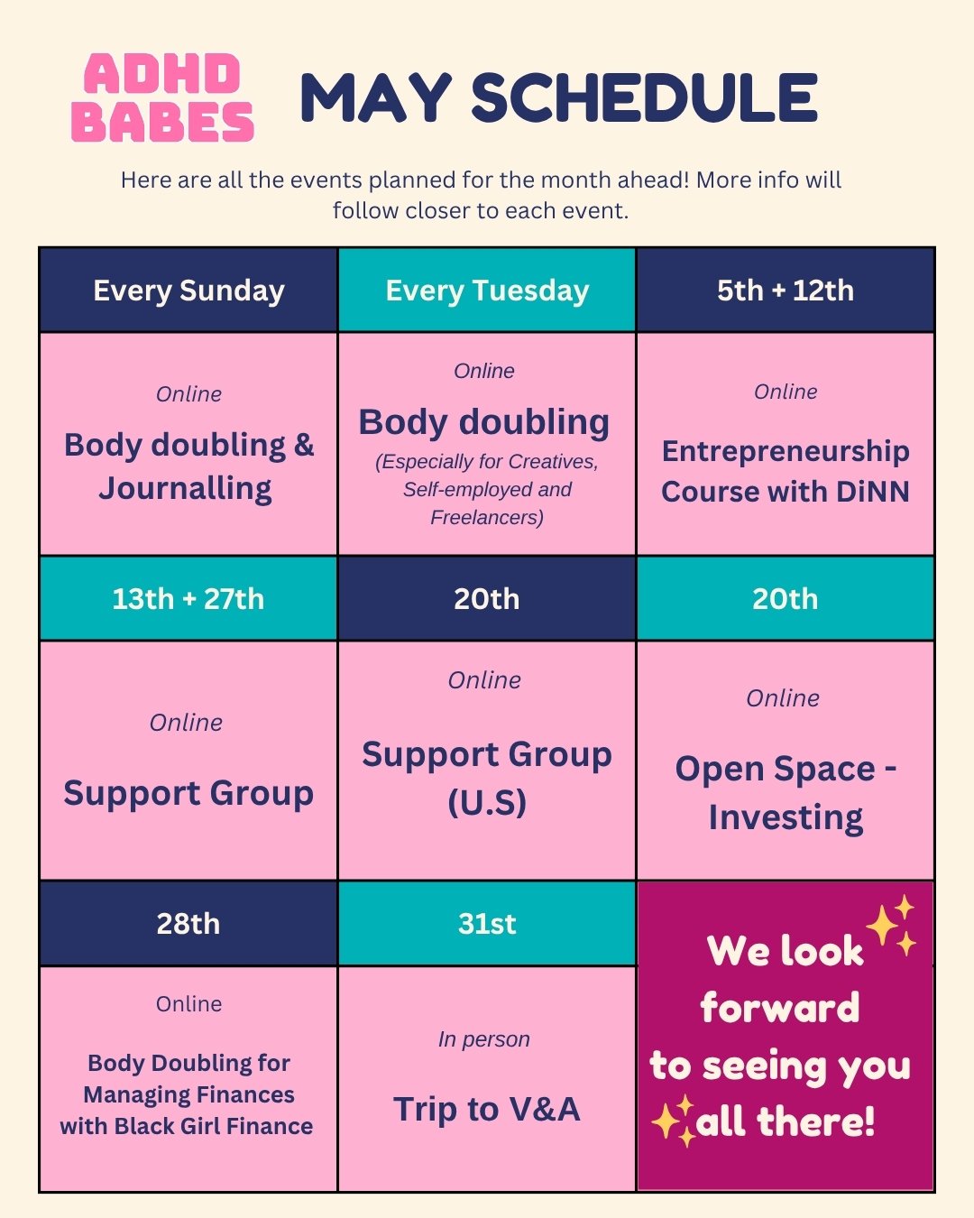 Our May schedule! As always lots to get involved in this month 💫

#adultadhd #neurodiversity #adhdawareness #blackwomen #blackmindsmatter #blacknonbinary #blackwomenwithadhd #adhdsupportgroup #blacknonbinarywithadhd