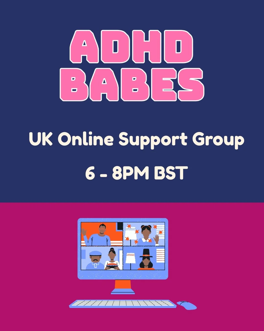 Our next ADHD support group will be on Wednesday 13th May 6-8PM BST✨✨

Open to Black women and Black non-binary people. A clinical diagnosis is not required to attend! 💖💖

Tickets are now live in the link in our bio!

#adhdbabes #adultadhd #adhdawa
