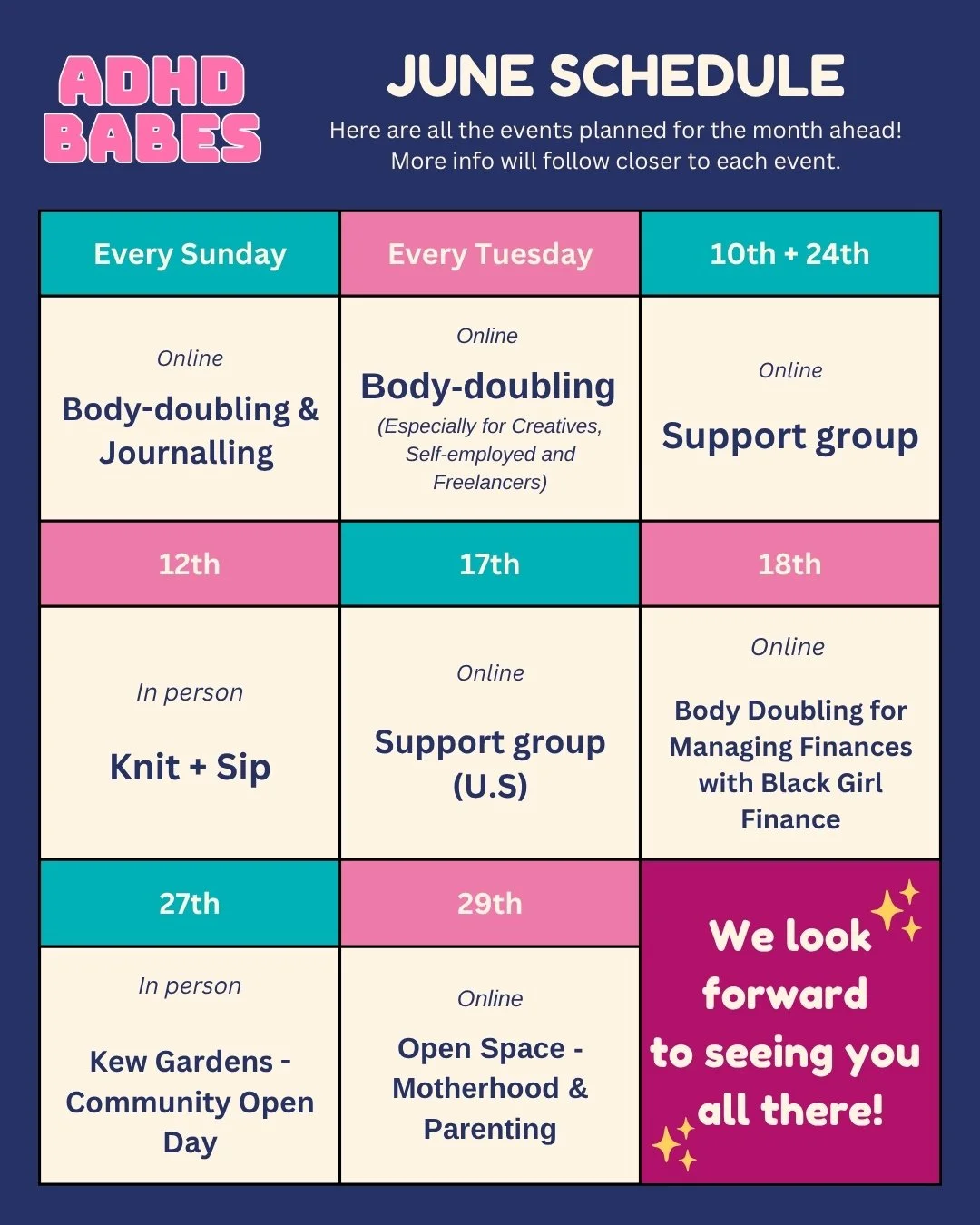 Our June schedule! As always lots to get involved in this month 💫

#adultadhd #neurodiversity #adhdawareness #blackwomen #blackmindsmatter #blacknonbinary #blackwomenwithadhd #adhdsupportgroup #blacknonbinarywithadhd
3w