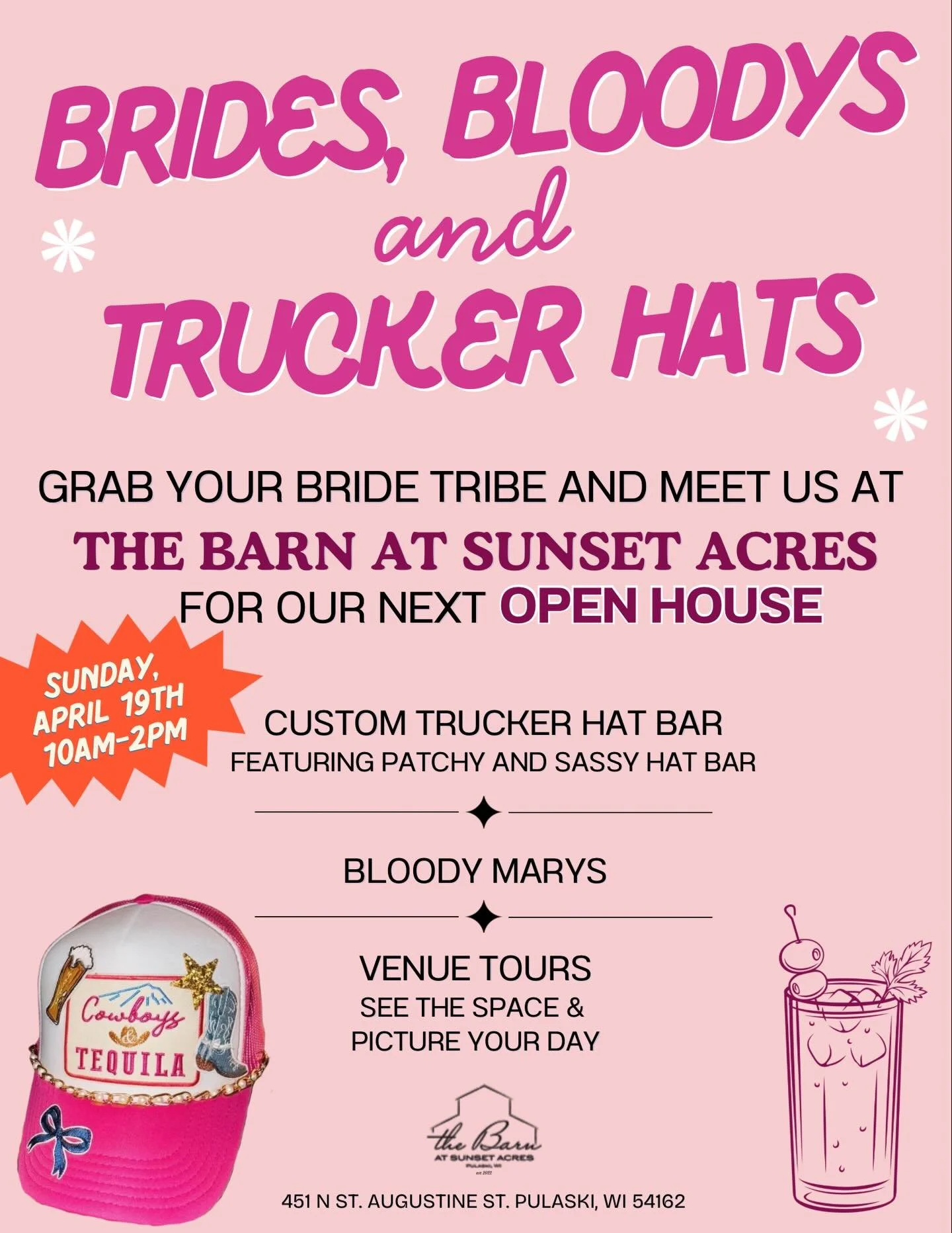 MARK YOUR CALENDARS ✨

Join us for our upcoming Open House, with a fun little twist!

Booked with us or thinking about it? Stop by Sunday, April 19th anytime from 10AM&ndash;2PM to tour the space, connect with our team, and get your questions answere