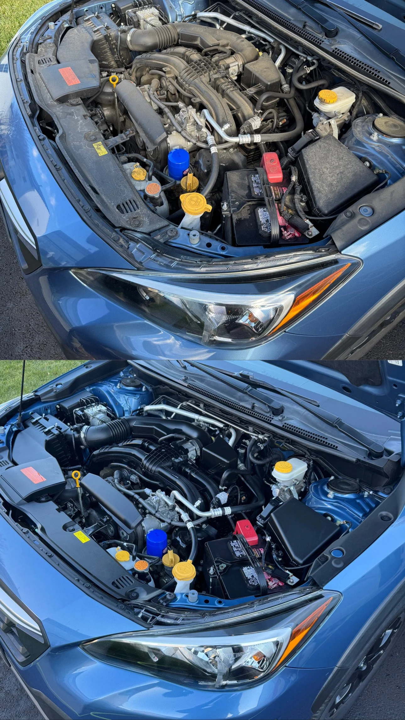 Comparison of car engine bays, top image shows an older, less clean engine, bottom image shows a newer, cleaner engine, both in a blue vehicle.