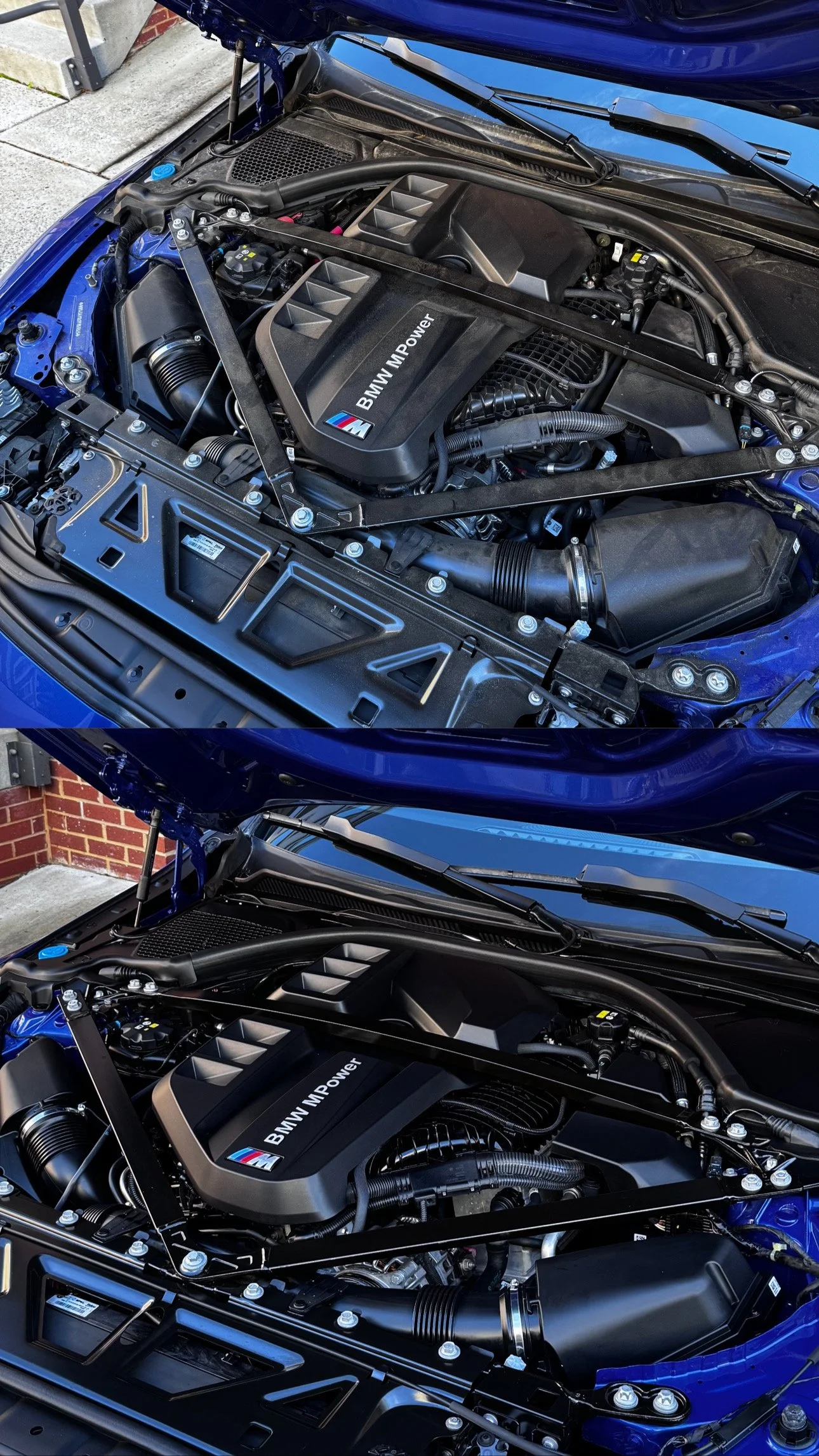 Comparison of two car engine images showing the same BMW M Power engine, with the top image having a weathered appearance and the bottom image looking new and polished.