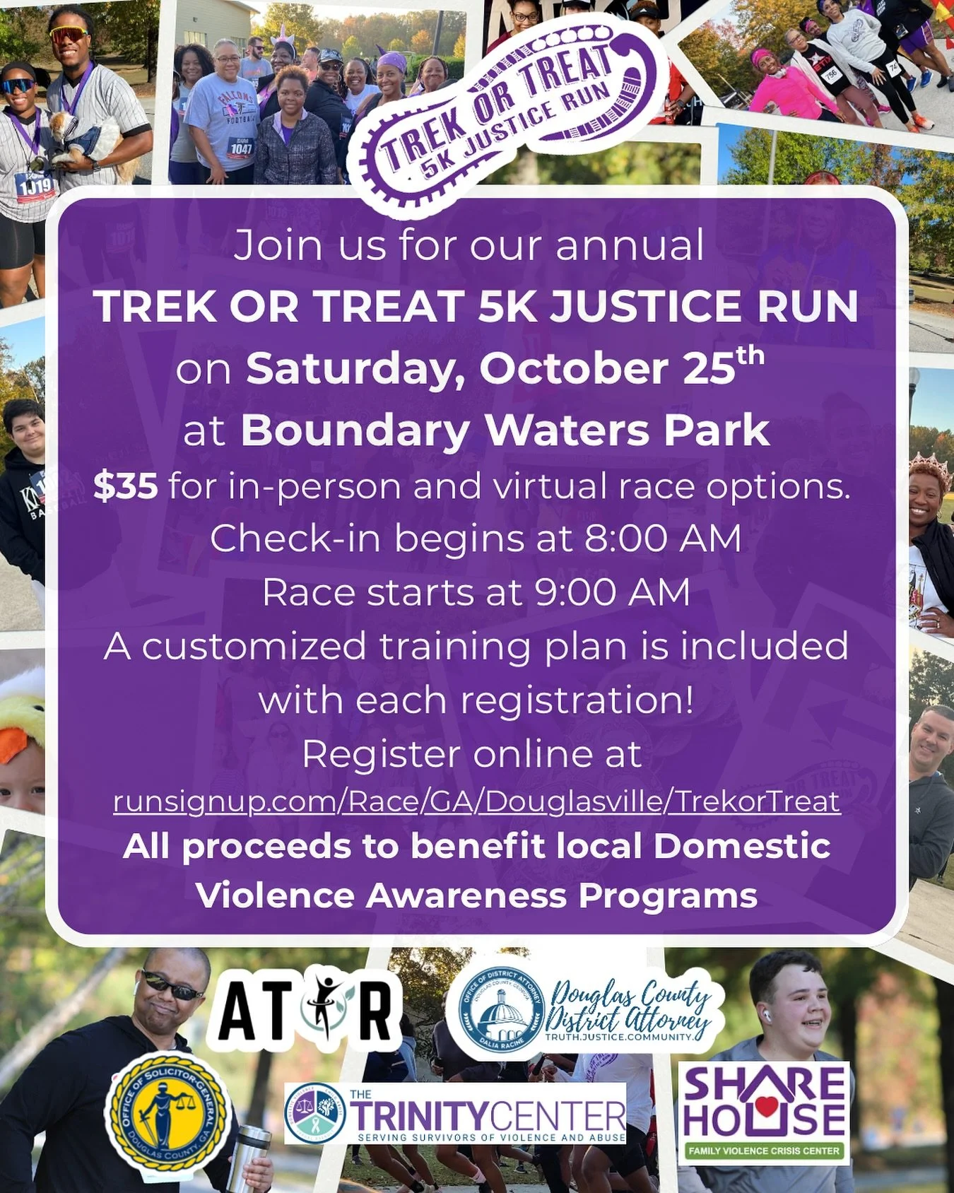 Our Annual 5K Trek or Treat Justice Walk/Run is on Saturday, October 25th at Boundary Waters! You can join us in person or virtually! 

This year we have partnered with The ATIR community, The Trinity Center, SHAREHouse, and the Douglas County Solici