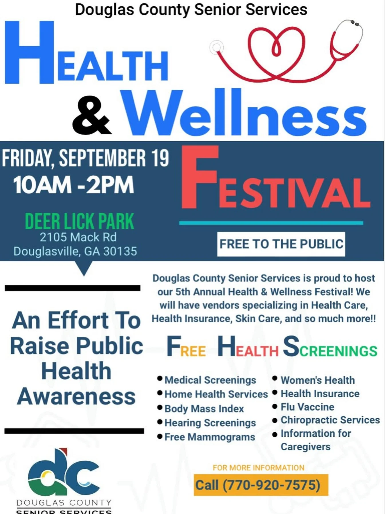 Today from 10 AM to 2 PM, the Douglas County Senior Services is hosting a Health and Wellness Festival at Deer Lick Park located at 2105 Mack Road. Stop by for resources, health screenings, and more!