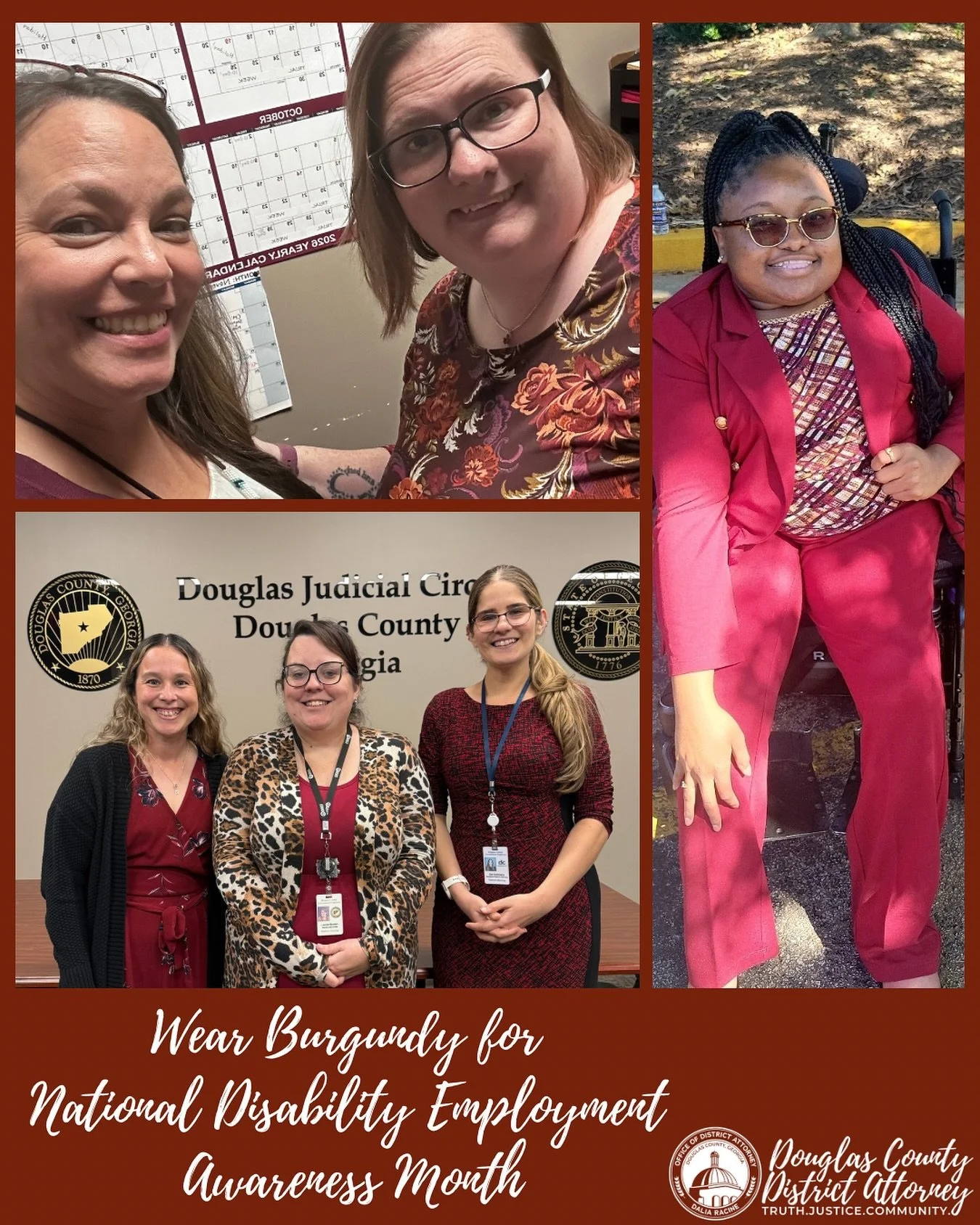 Yesterday members of our office wore burgundy in recognition of National Disability Employment Awareness Month.
National Disability Employment Awareness Month (NDEAM) is recognized every October to educate people about disability employment issues a