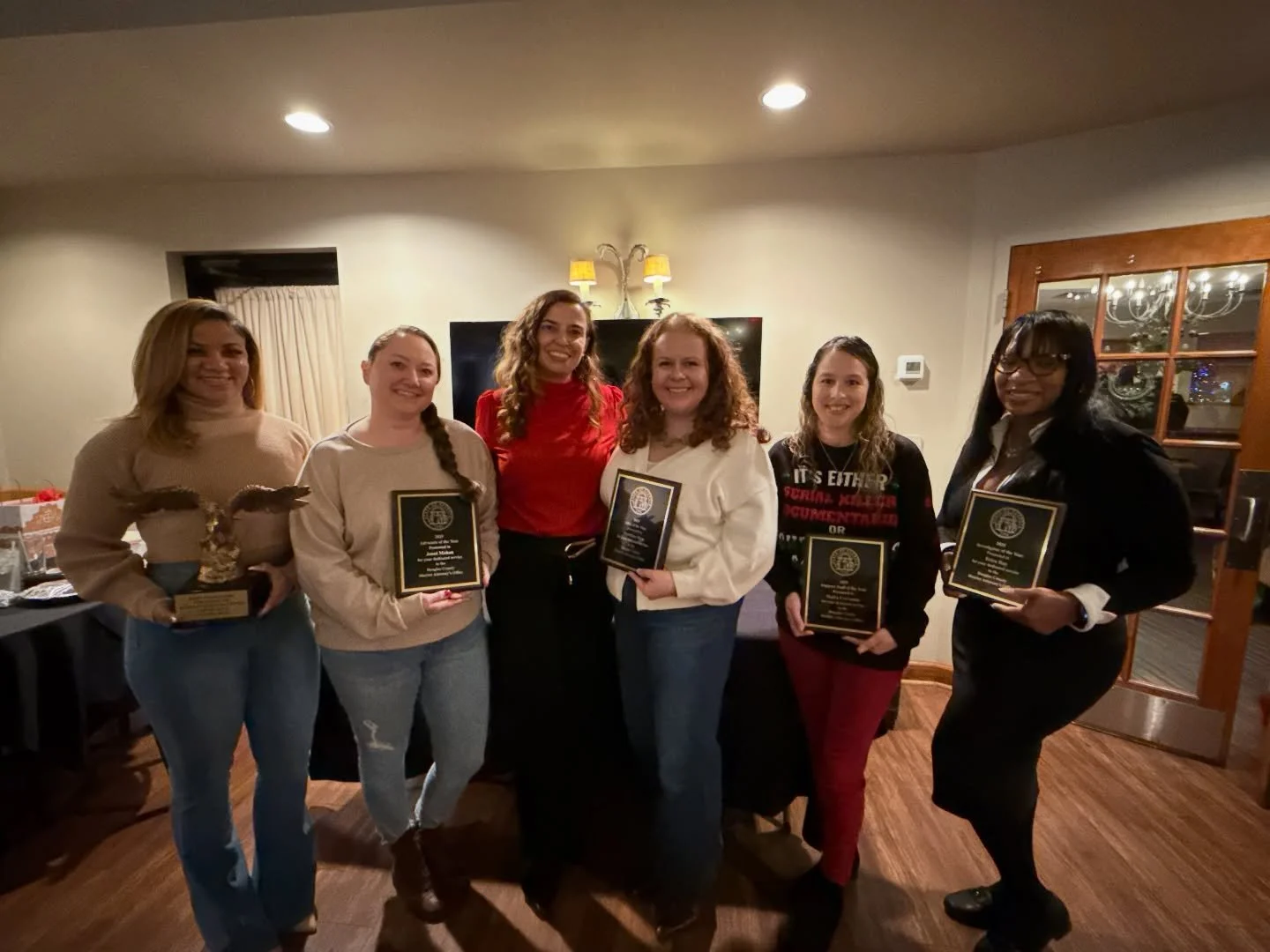 Today at our holiday luncheon we had our End of the Year Awards. The recipients for this year are:

Attorney of the Year: Madeline Ross

Investigator of the Year: Erica Ray

Advocate of the Year: Jenni Mahan 

Support Staff of the Year: Maira Cervant