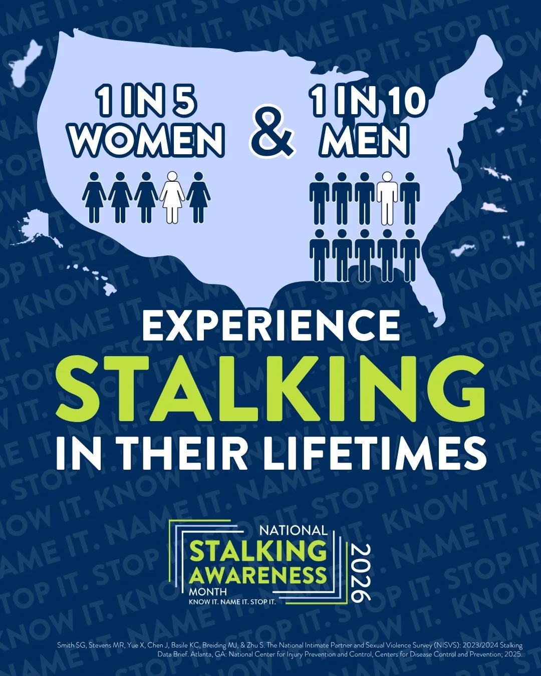 January is National Stalking Awareness Month, a time to raise awareness about stalking and its impact on individuals and communities. An estimated 1 in 5 women and 1 in 10 men will experience stalking in their lifetime, often by someone they know.

S