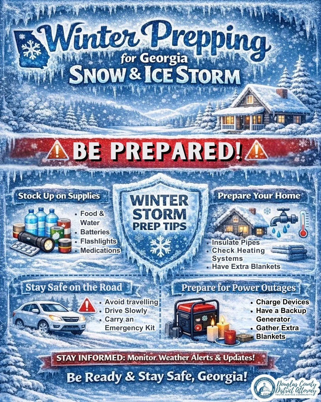 Winter weather is expected to impact Douglas County this weekend. Now is the time to prepare your home, vehicle, and family.

The Douglas County District Attorney&rsquo;s Office encourages residents to plan ahead, limit travel when conditions are uns