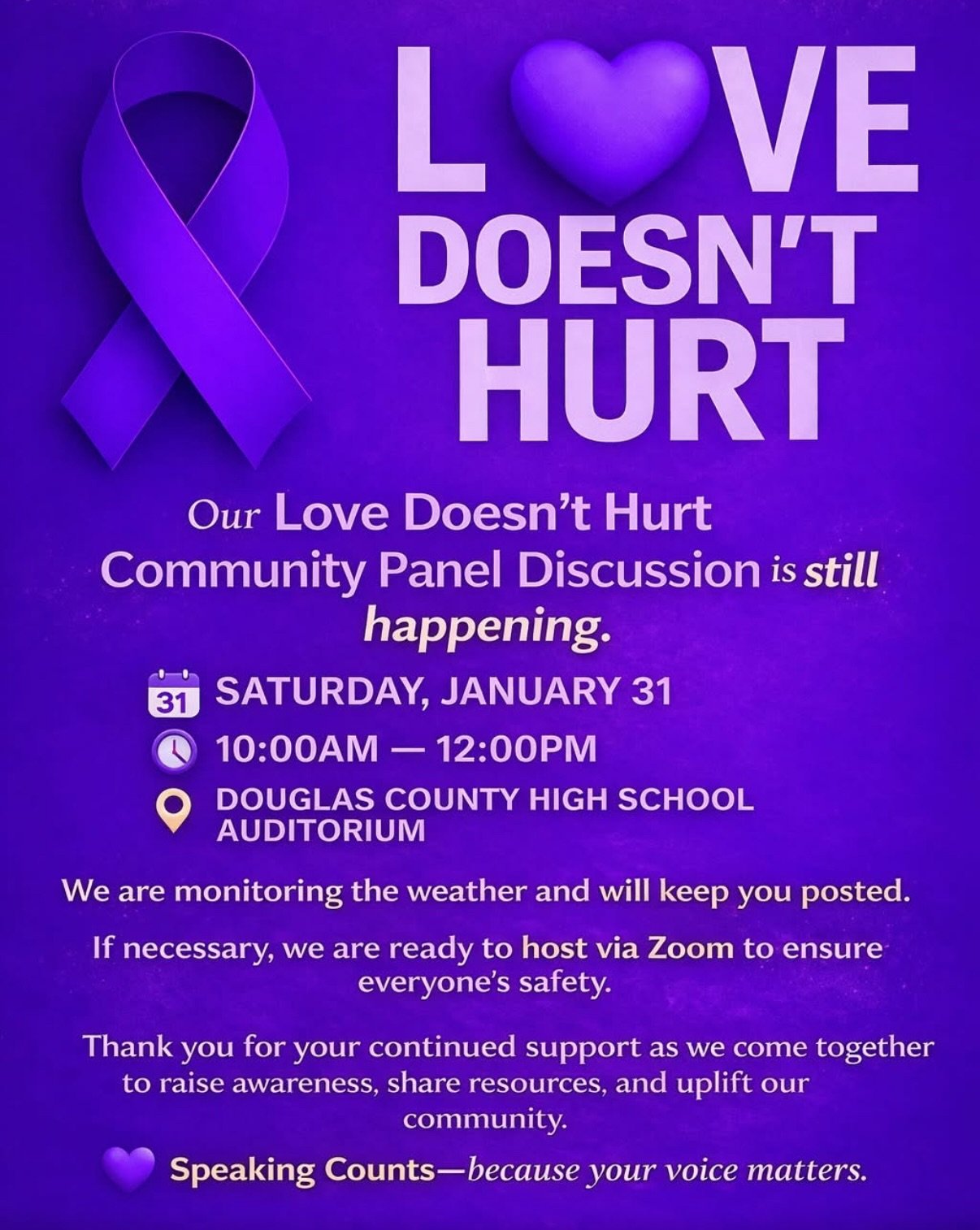 Thank you to the 75+ community members who joined us on Zoom this snowy morning for the Love Doesn&rsquo;t Hurt Panel Discussion.

Moderated by District Attorney Dalia Racine, the conversation featured insights from April Thompson from the Douglas Co