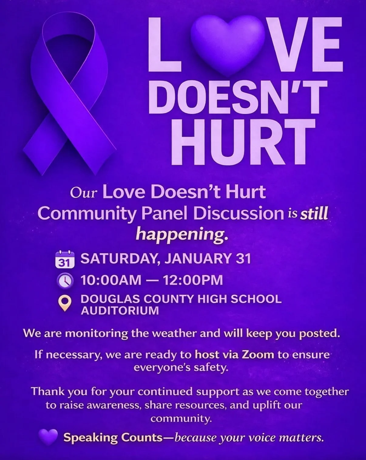 Thank you to the 75+ community members who joined us on Zoom this snowy morning for the Love Doesn&rsquo;t Hurt Panel Discussion.

Moderated by District Attorney Dalia Racine, the conversation featured insights from April Thompson from the Douglas Co