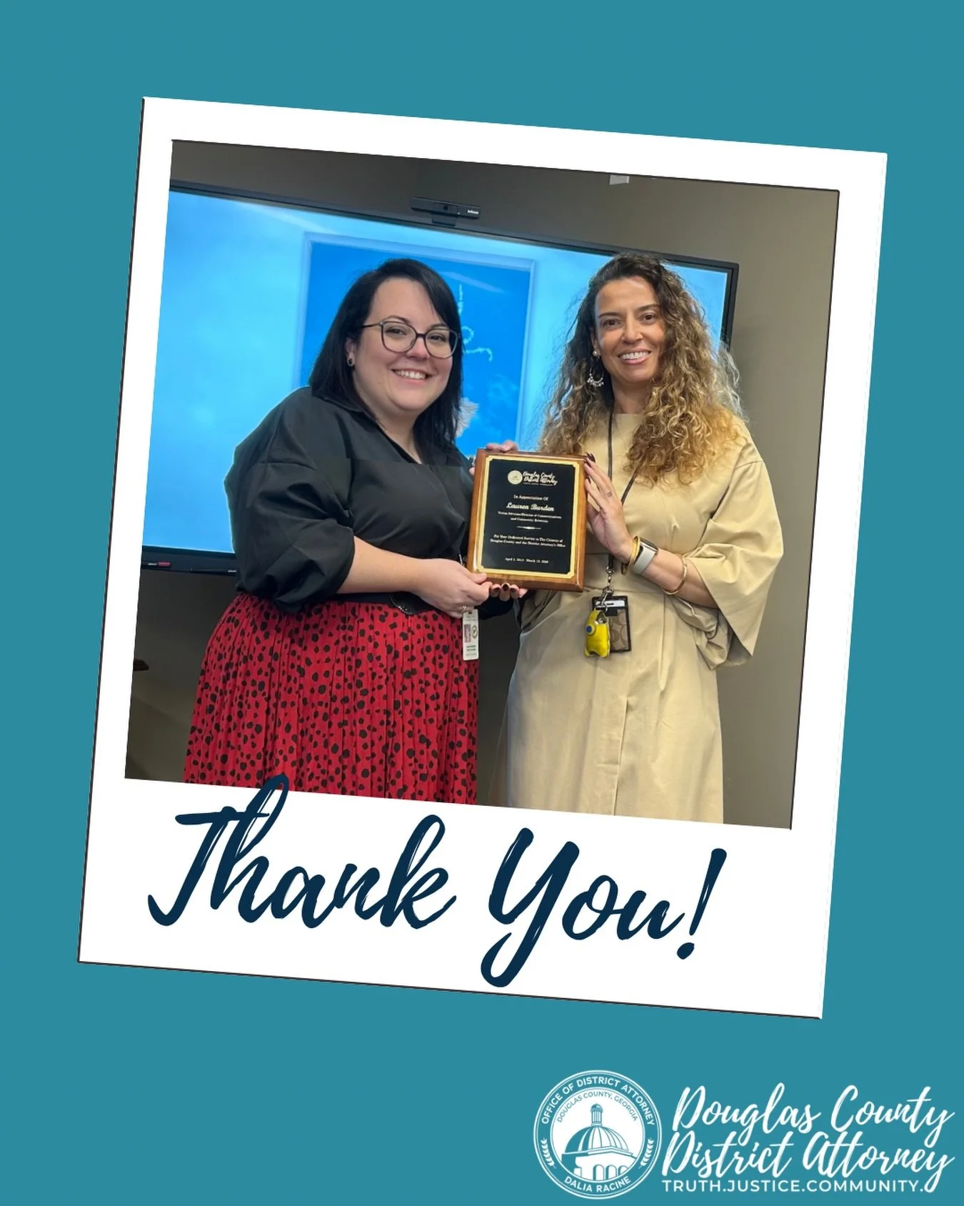 After nearly 13 years of service, Lauren Burden, our Director of Communications and Community Relations, will be leaving the Douglas County District Attorney&rsquo;s Office. 

During our staff meeting this week, we had the opportunity to recognize La