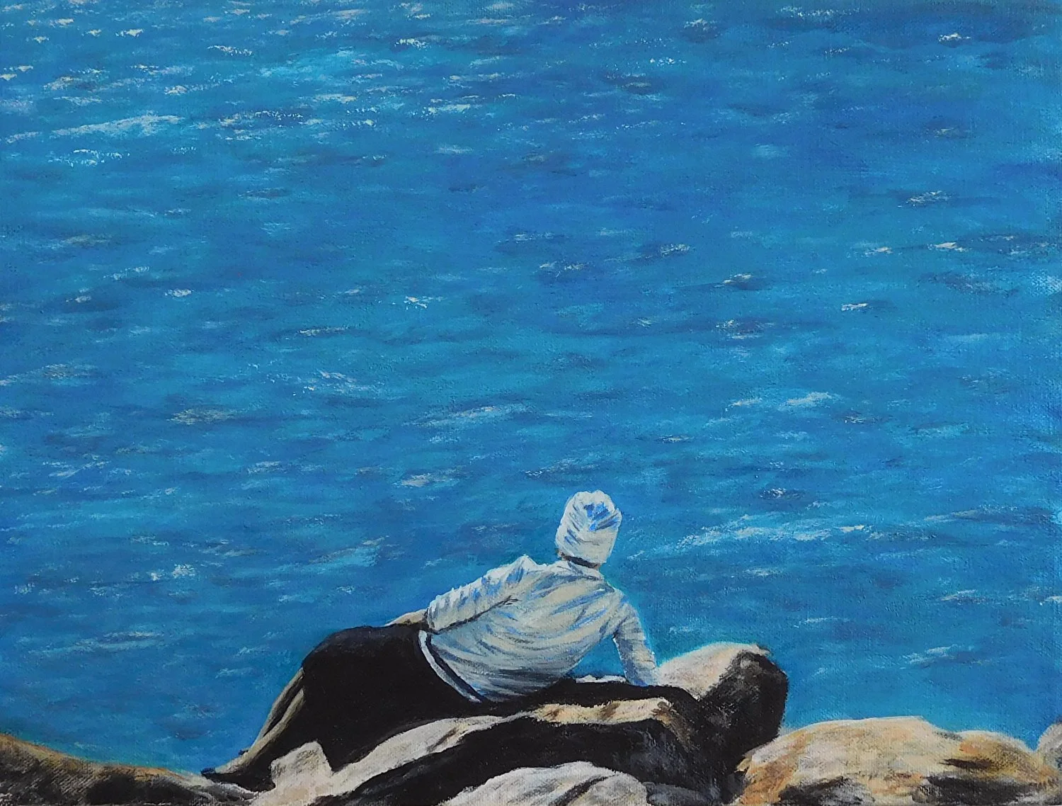 Ed Walsh, Lady on the Rocks, Acrylic on Canvas, 12 x 16 in