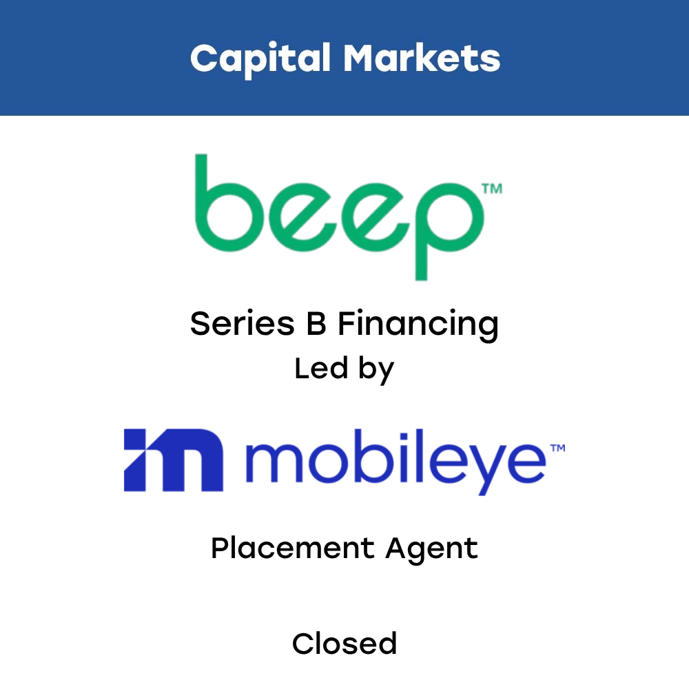 A sign with a blue header that reads 'Capital Markets'. Below it, the logo of 'Beeps' in green and 'Series B Financing Led by' in black. Underneath, there is the 'InMobeye' logo in blue with a statement 'Placement Agent'. At the bottom, the text 'Closed'.