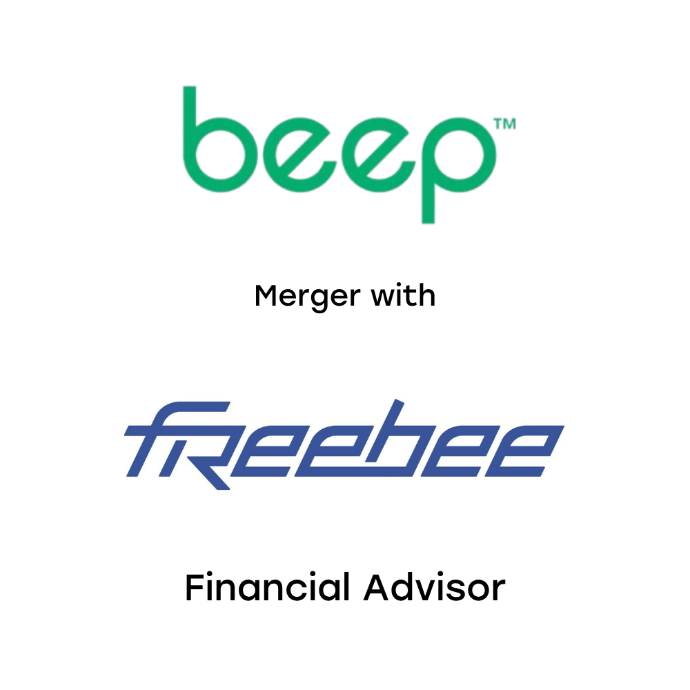 Logo of beep with text indicating merger with freebee, described as a Financial Advisor.