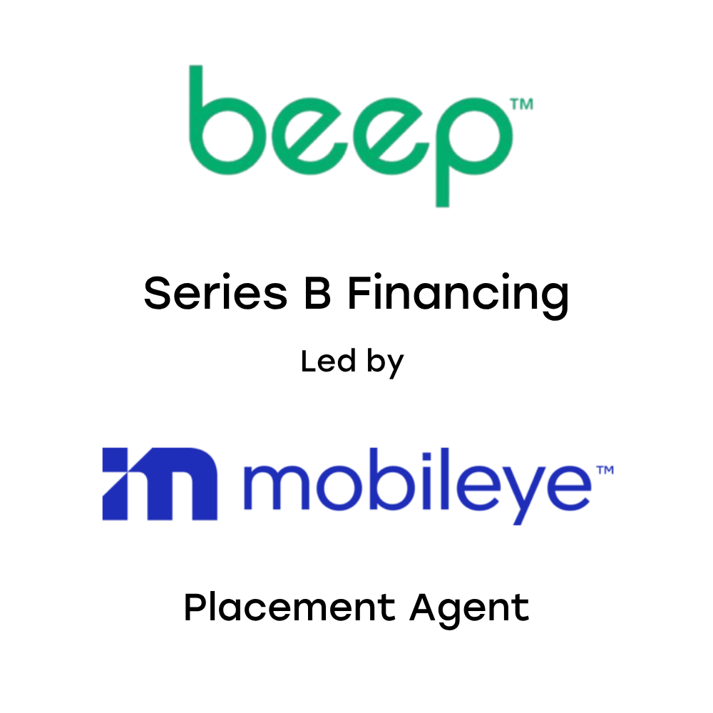 Bep logo, text 'Series B Financing Led by Mobileye, Placement Agent'
