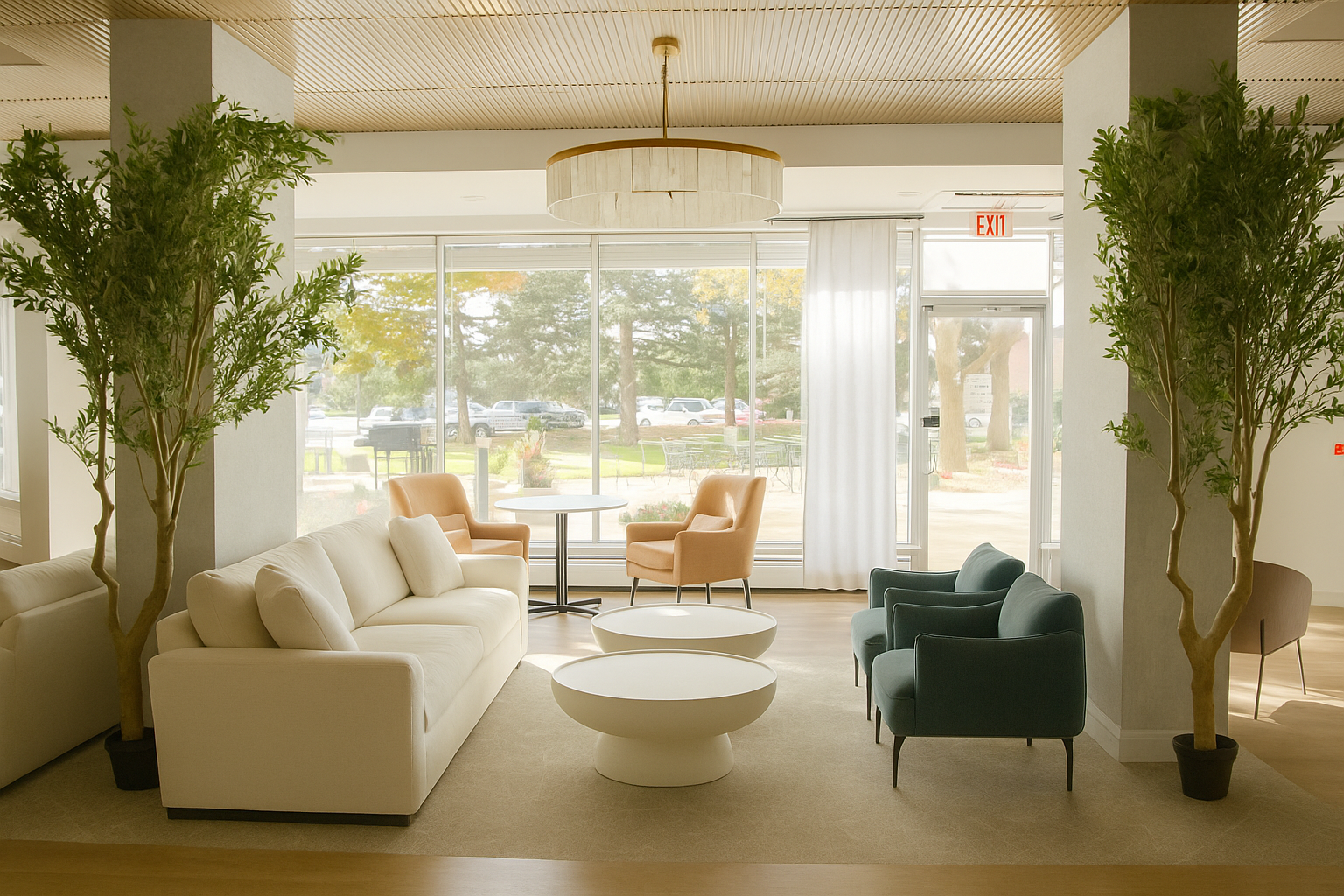 lounge with alabaster chandeliers and blue chairs neutral sofas