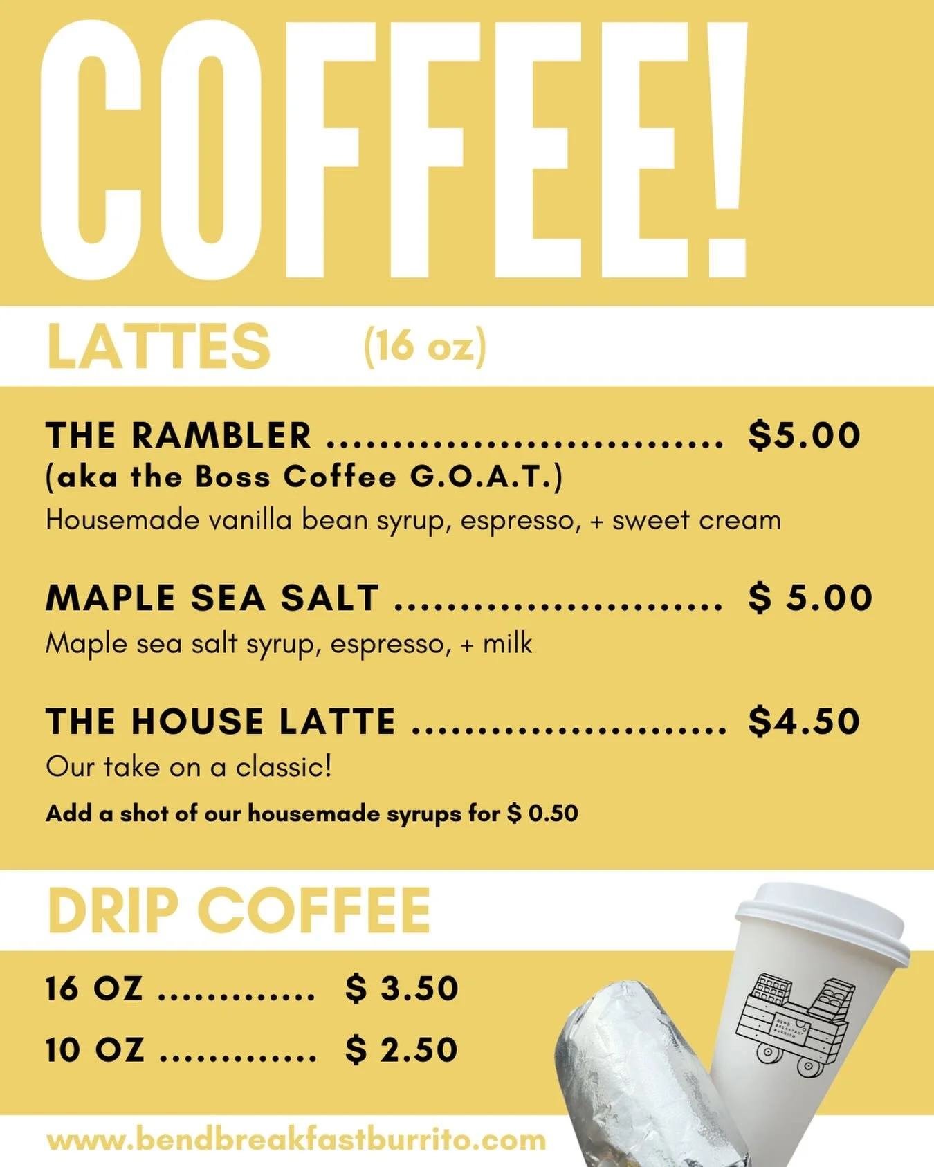 Lattes are here! ☕️🌯 Our breakfast burritos needed the perfect coffee pairing and they have arrived! Find them at our Storefront Cart on NE Division Street.

More coffee offerings coming soon including iced lattes. What do you want to see on our men
