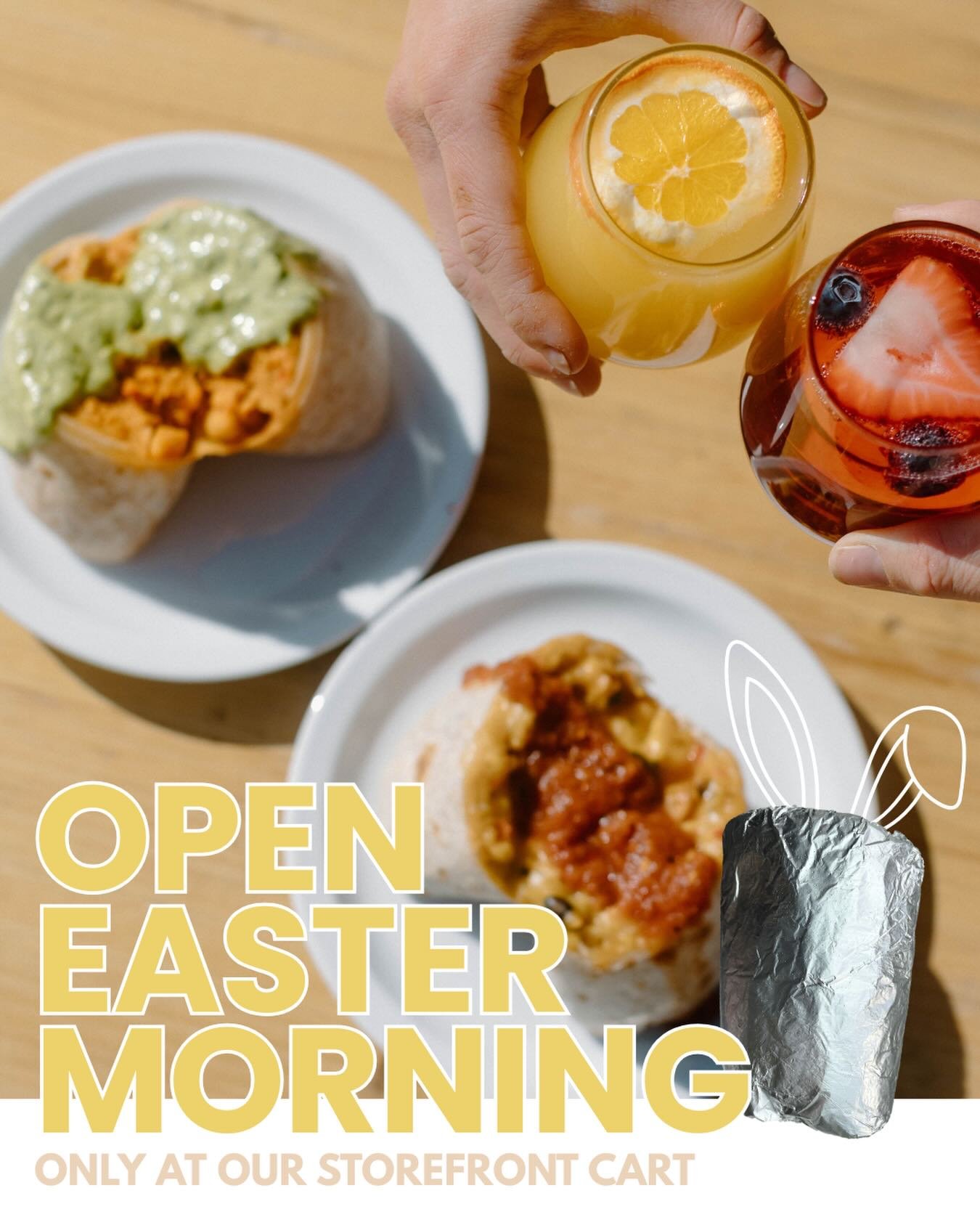 Hosting an Easter breakfast? Swing by the cart for breakfast burritos! 🌯🐰 Even better, pre-order on our website for delivery and we&rsquo;ll deliver breakfast to your doorstep. Only our Storefront Cart (NE Division Street) will be open to give the 
