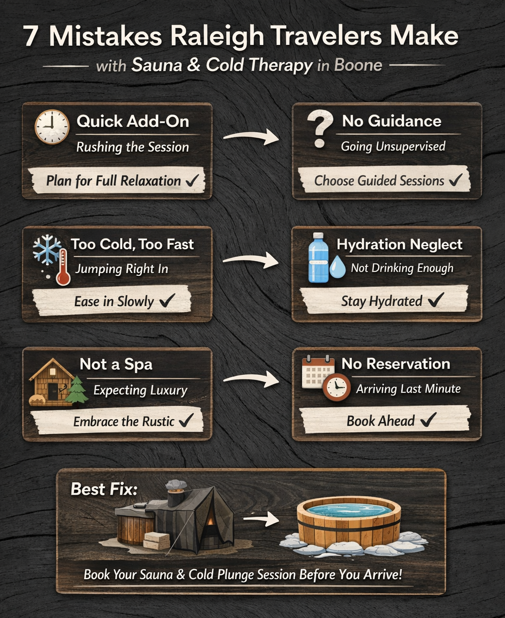 7 Mistakes Raleigh First-Timers Make With Sauna and Cold Therapy infographic. River Birch Sauna in Boone, NC.