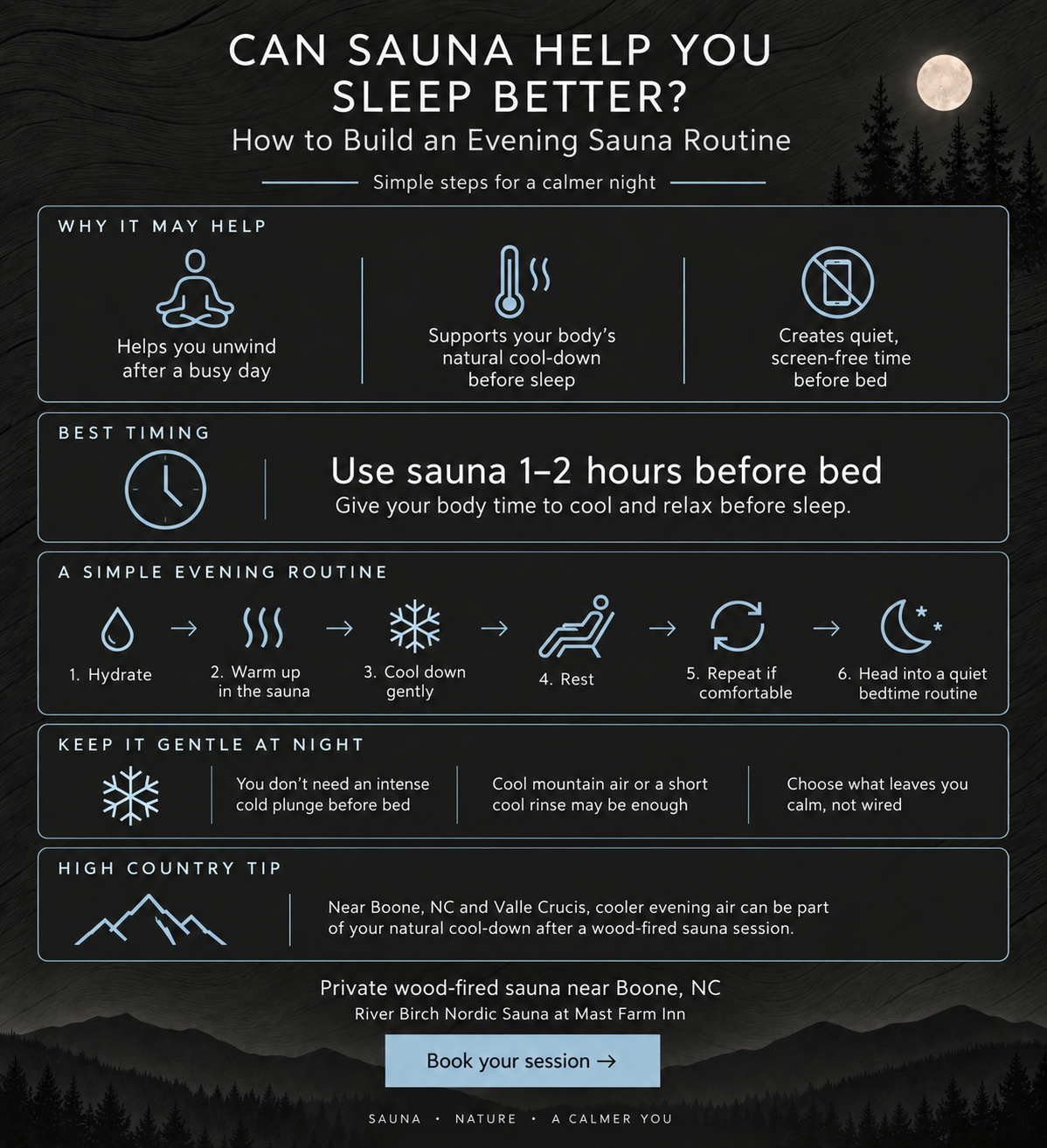 Can Sauna Help You Sleep Better? How to Build an Evening Sauna Routine infographic | River Birch Sauna