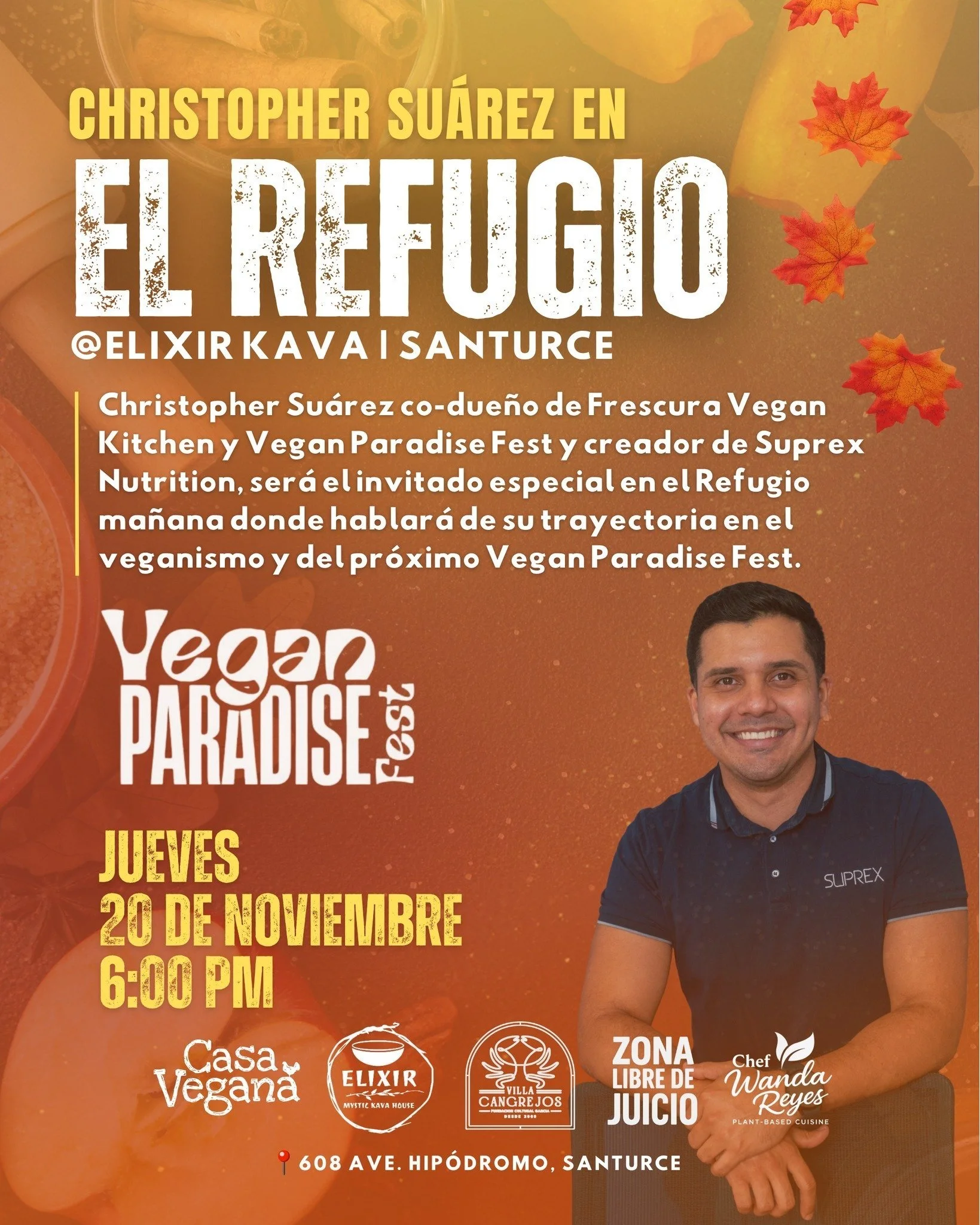 🌱✨ &iexcl;Invitadao especial en El Refugio!
Ma&ntilde;ana nos acompa&ntilde;a Christopher Su&aacute;rez, co-due&ntilde;o de Frescura Vegan Kitchen, Vegan Paradise Fest y creador de Suprex Nutrition. 🙌🔥

Christopher estar&aacute; compartiendo:
💬 S