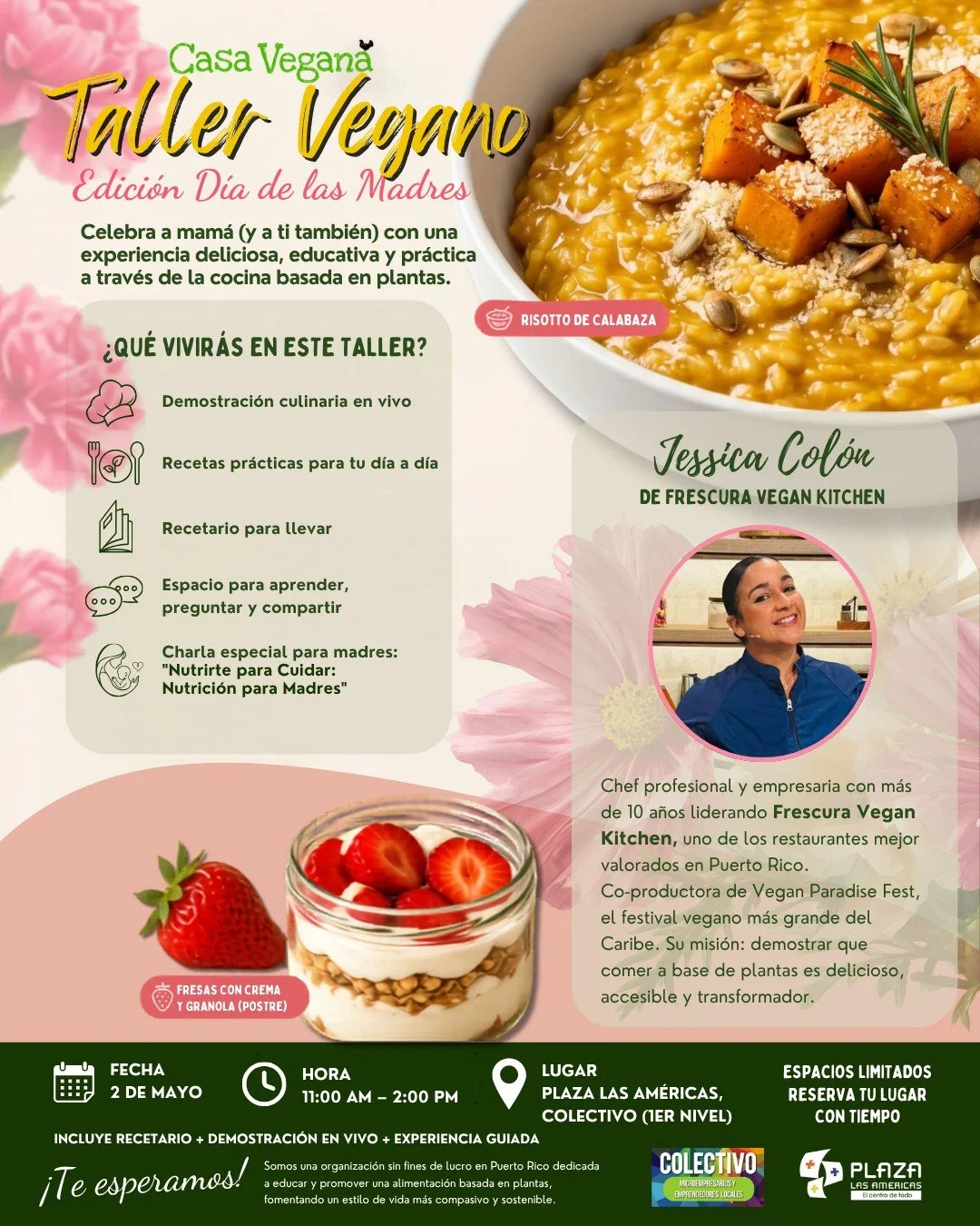 💐🌿 Celebra a mam&aacute; con una experiencia diferente este s&aacute;bado 🌿💐
Te invitamos a nuestro Taller Vegano: Edici&oacute;n D&iacute;a de las Madres, una ma&ntilde;ana especial para aprender, disfrutar y conectar a trav&eacute;s de la cocin