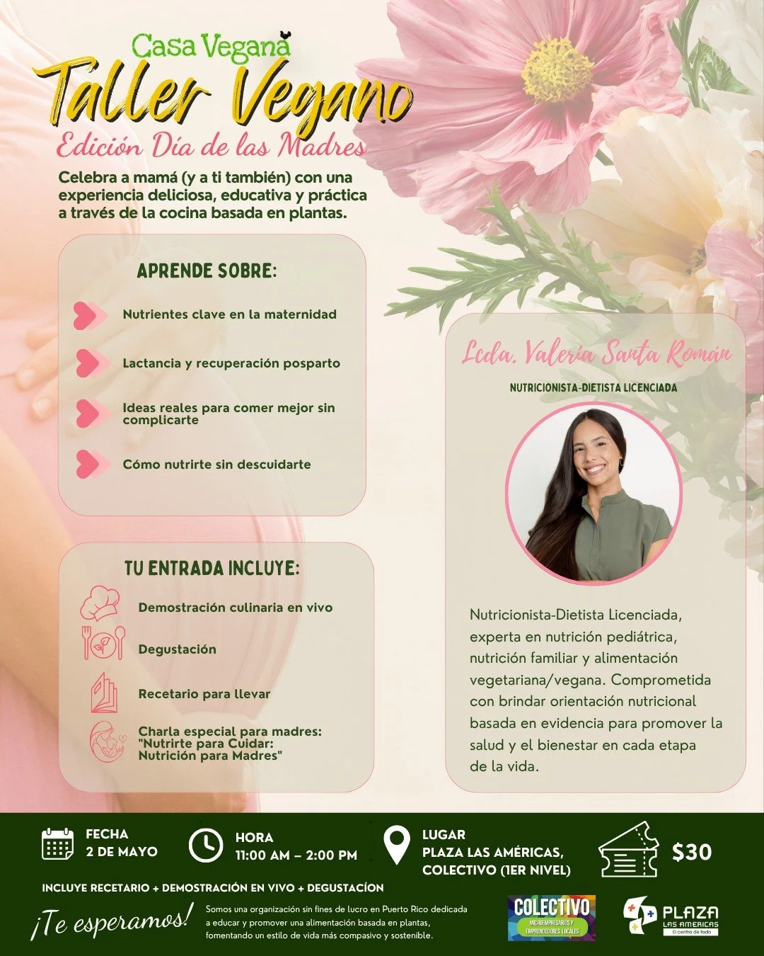 💗 Este D&iacute;a de las Madres, celebra con bienestar, sabor y aprendizaje. 🌱
Te invitamos a nuestro Taller Vegano: Edici&oacute;n D&iacute;a de las Madres, una experiencia especial para mam&aacute;&hellip; y para ti tambi&eacute;n.

✨ Incluye:
👩