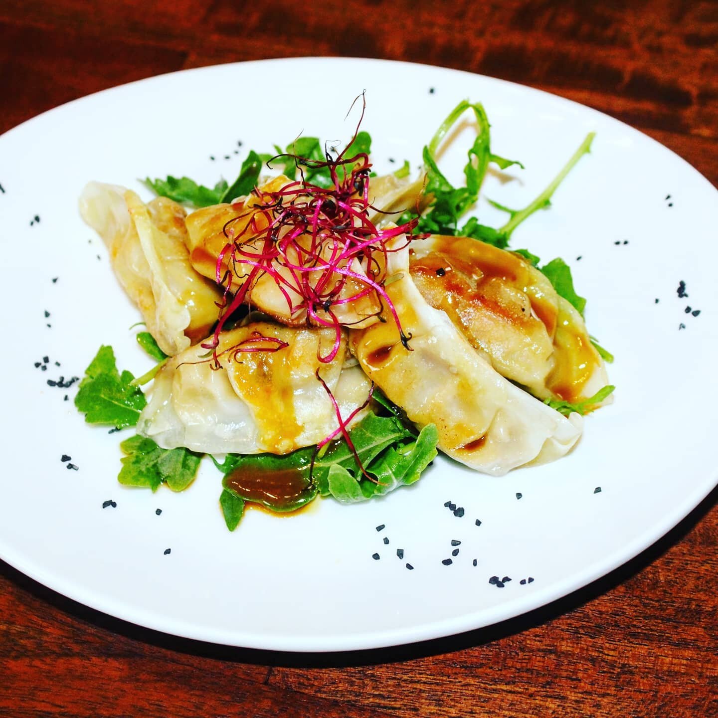 Did something different: Japanese duck gyoza with baby arugula, orange soy reduction sauce 
Beets sprouts for garnish 

#personalchef #hautecuisines #finedining #foodies #foodieaofinstagram #foodgasm #westpalmbeach #westpalmfood #southflorida #southf