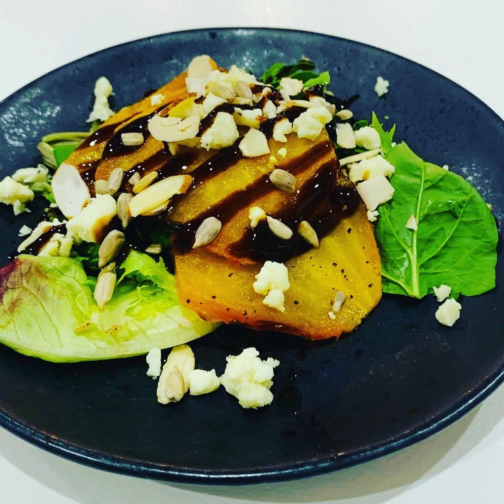 Yay! New plates to work with. These black plates are just beautiful!! 

Golden beets with spring greens, sunflower seeds Feta cheese crumble, split almonds finished with balsamic glazed drizzle 

#personalchef #hautecuisines #finedining #foodies #foo