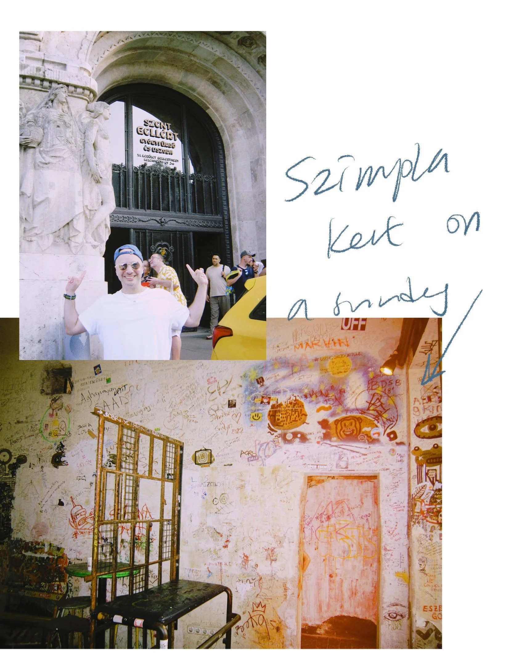 Two film photos showing the interior of Szimpla Kert ruin bar on a Sunday and a man posing in front of the historic Gellért Thermal Bath.