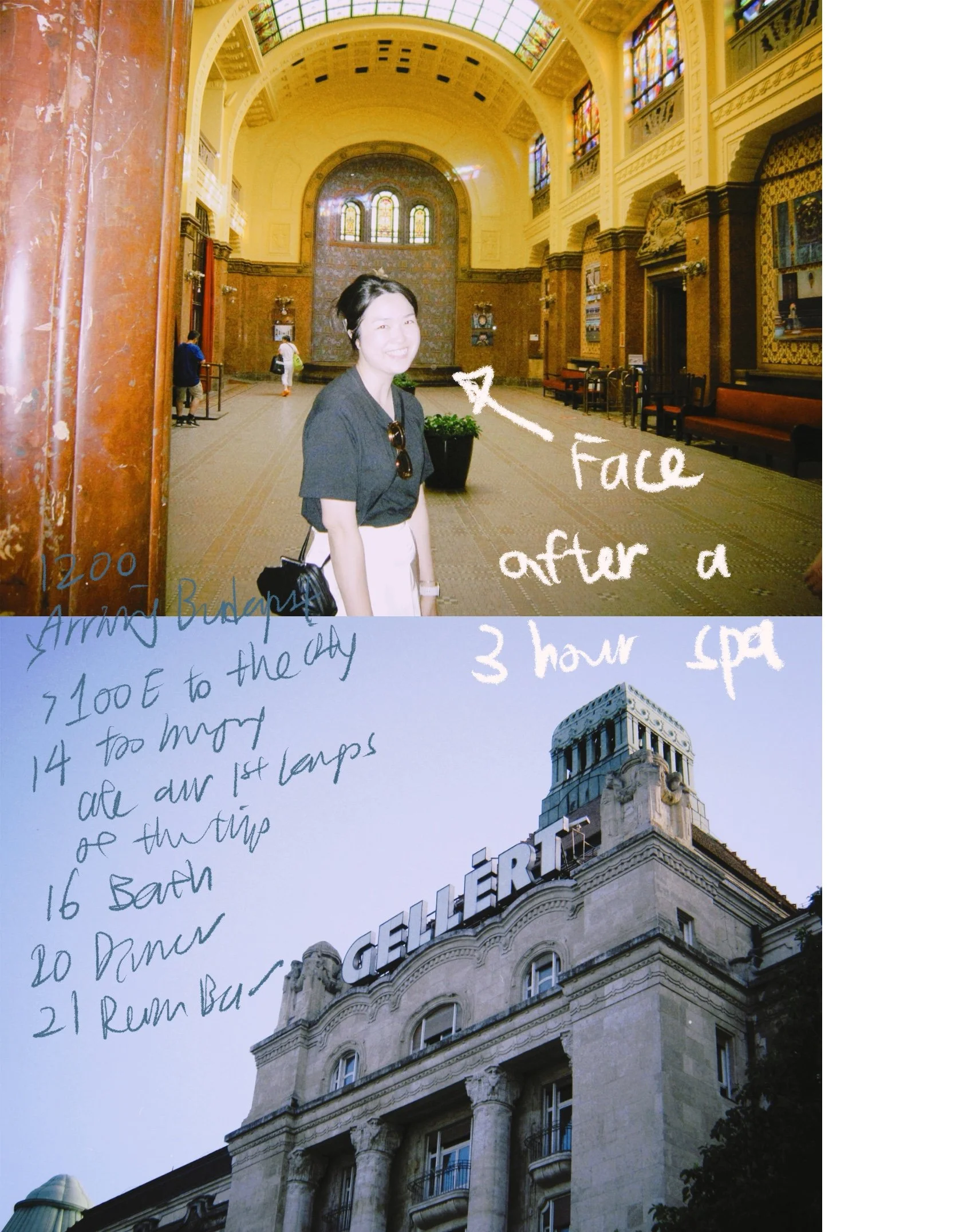 A two-part collage: one photo shows artist Alice Kwan looking relaxed after a 3-hour spa session; the second shows the Gellért Spa exterior with a handwritten daily itinerary including Lángos and ruin bars.