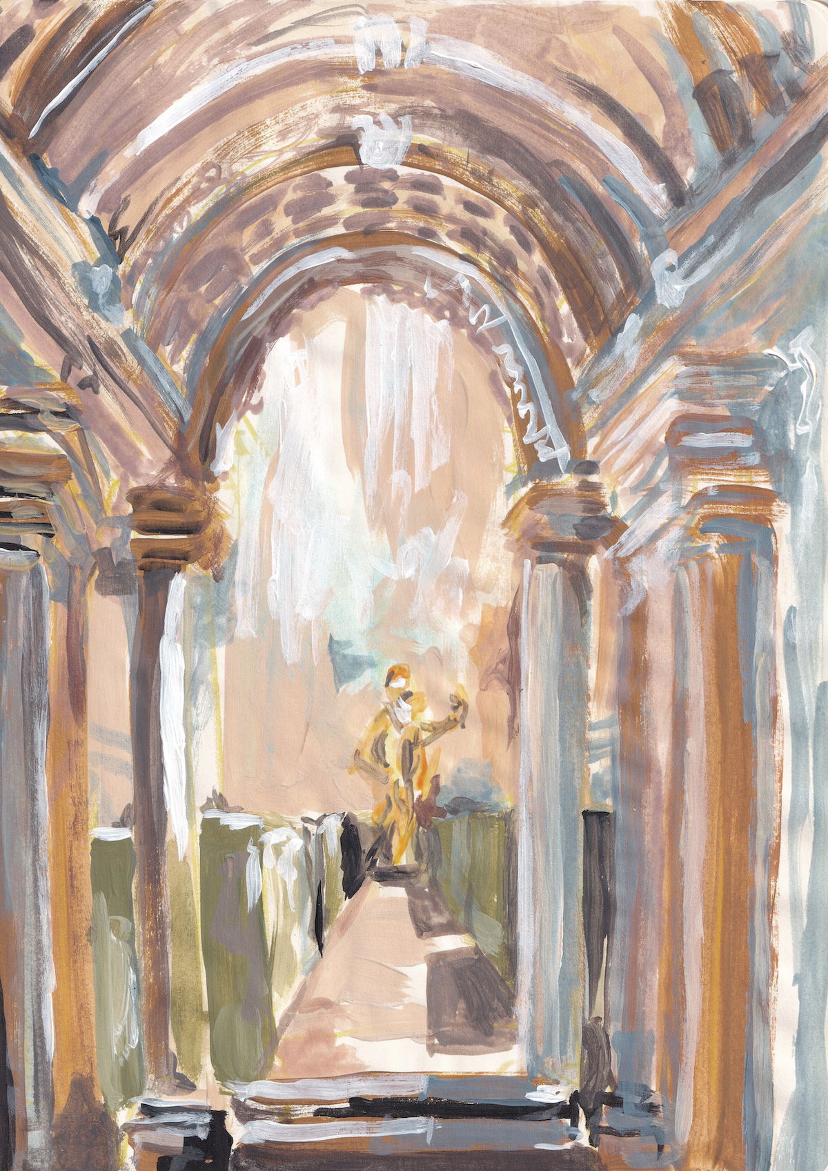 A painting of an arched hallway with columns, leading to a statue of a person playing a musical instrument, illuminated by sunlight.