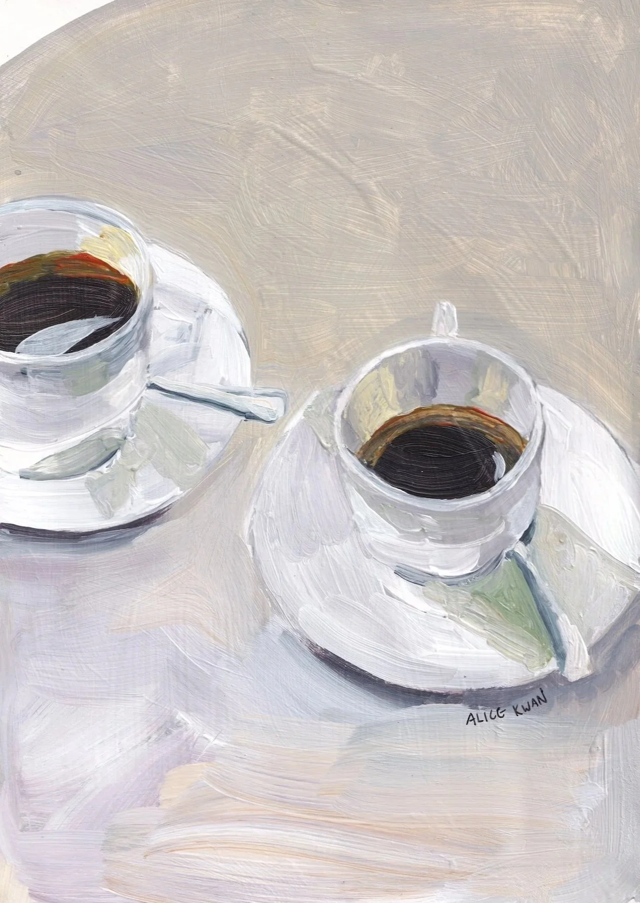 Two cups of black coffee on white saucers and plates, one with a spoon, on a light-colored table. The artist's signature, Alice Kwan, is visible in the bottom right corner.