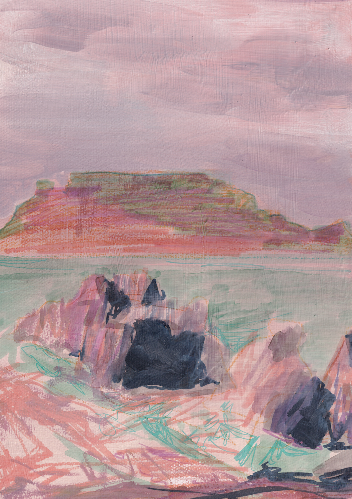 An abstract watercolor painting of a coastal landscape featuring a rocky shore in the foreground, a calm sea, and a flat-topped island in the background, under a pink and purple sky.