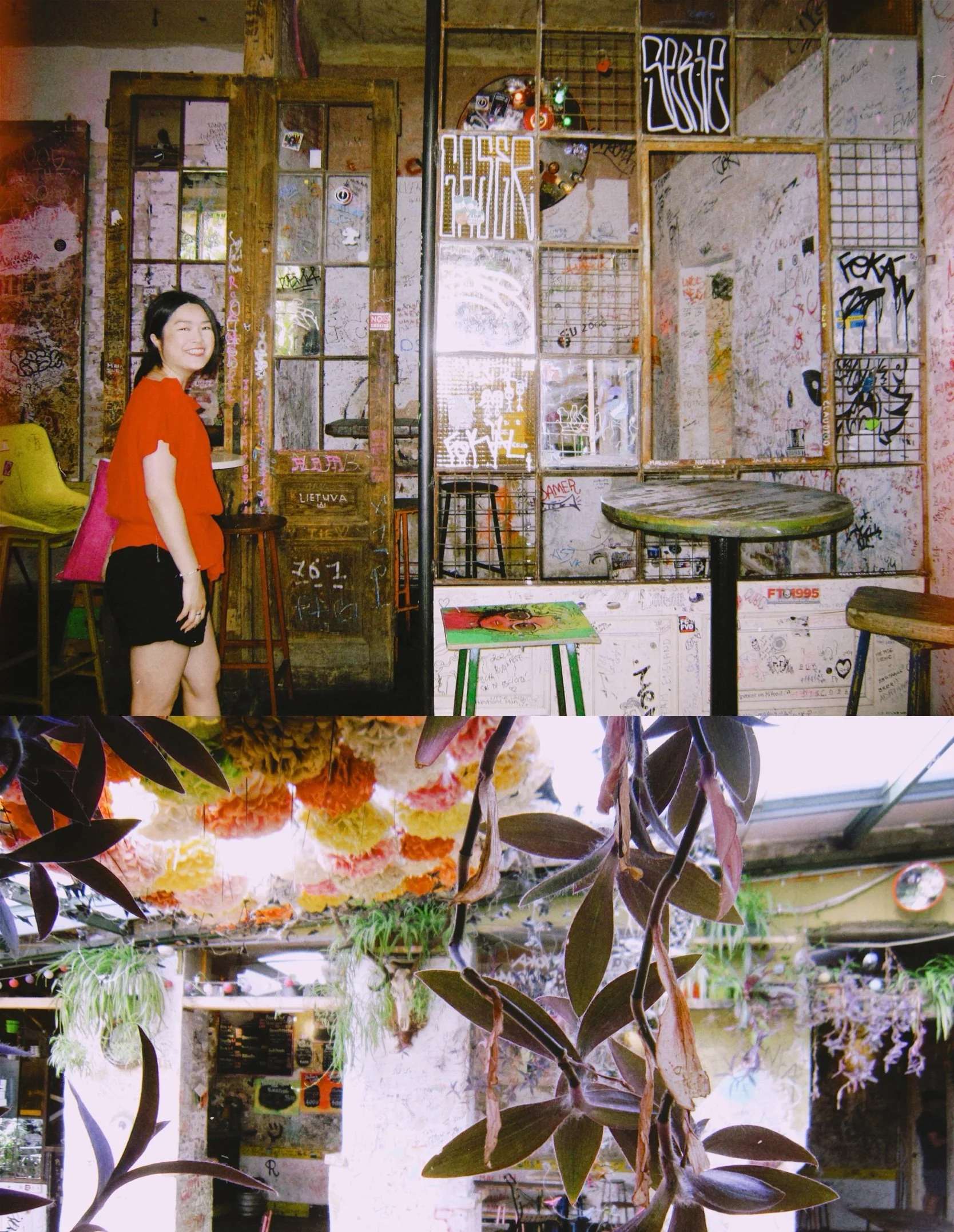 Collage showing the lush plants and graffiti-covered walls inside Szimpla Kert, with Alice Kwan wearing a Vivienne Westwood top.