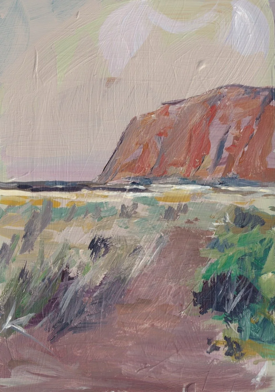 A landscape painting of a rocky cliff by the sea, with a path or road in the foreground and soft pastel colors in the sky.