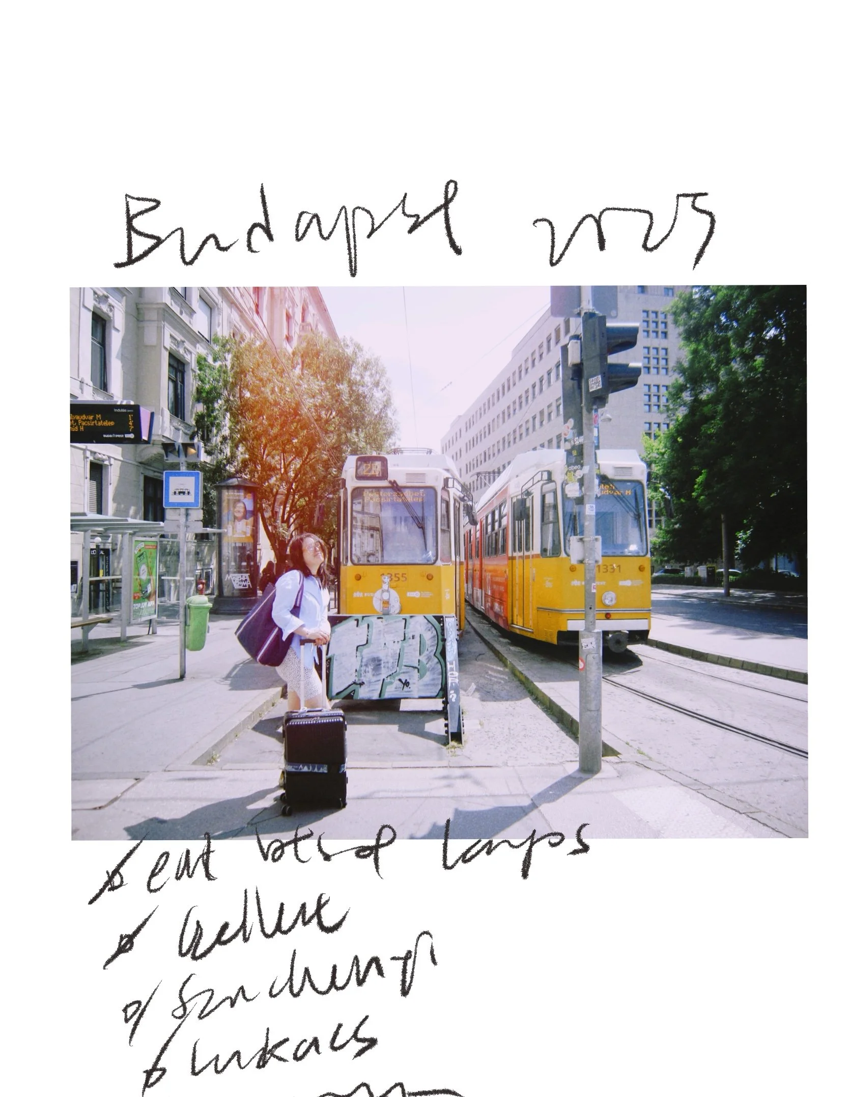 A film photograph of artist Alice Kwan with a yellow Budapest tram, featuring a handwritten travel to-do list including Langos and Széchenyi spa.