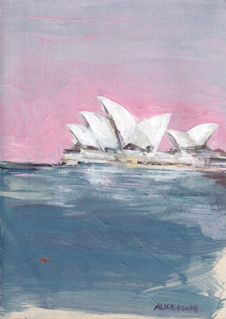 An oil painting of the Sydney Opera House with a pink sky in the background and blue water in the foreground, signed by Auckland.