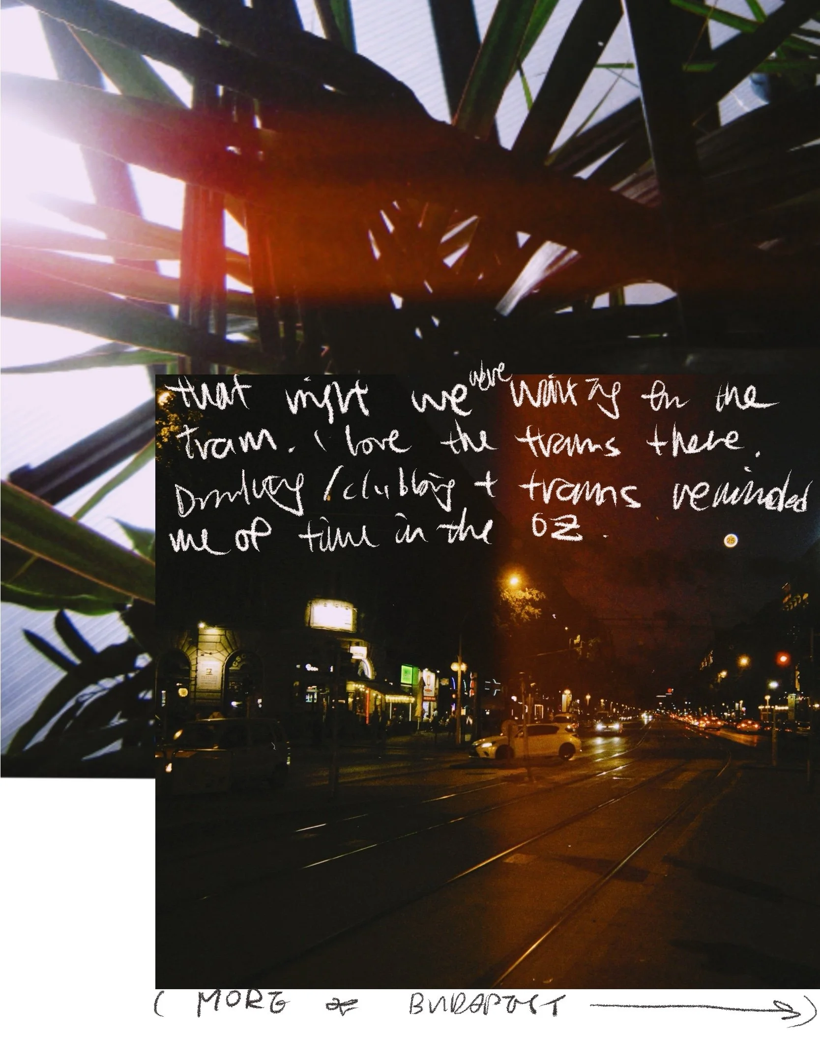 A high-contrast night film photo of a yellow Budapest tram with handwritten text reflecting on memories of Melbourne, Australia.