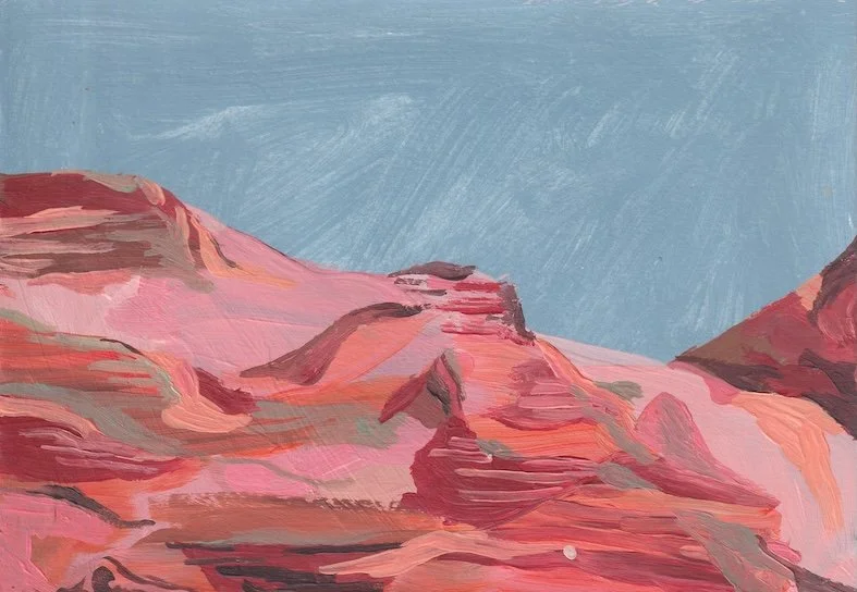Painted landscape of red rock formations with a blue sky in the background.