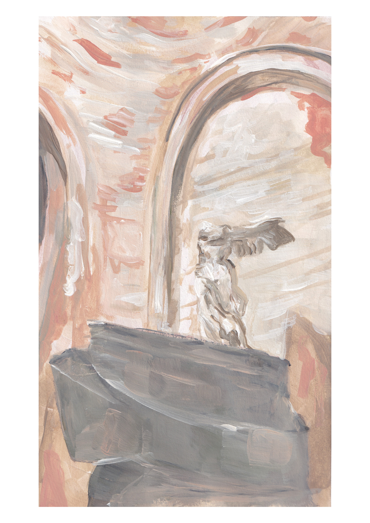 Painting of a classical sculpture of a winged figure in a niche with arches, set against a background of warm pastel colors.